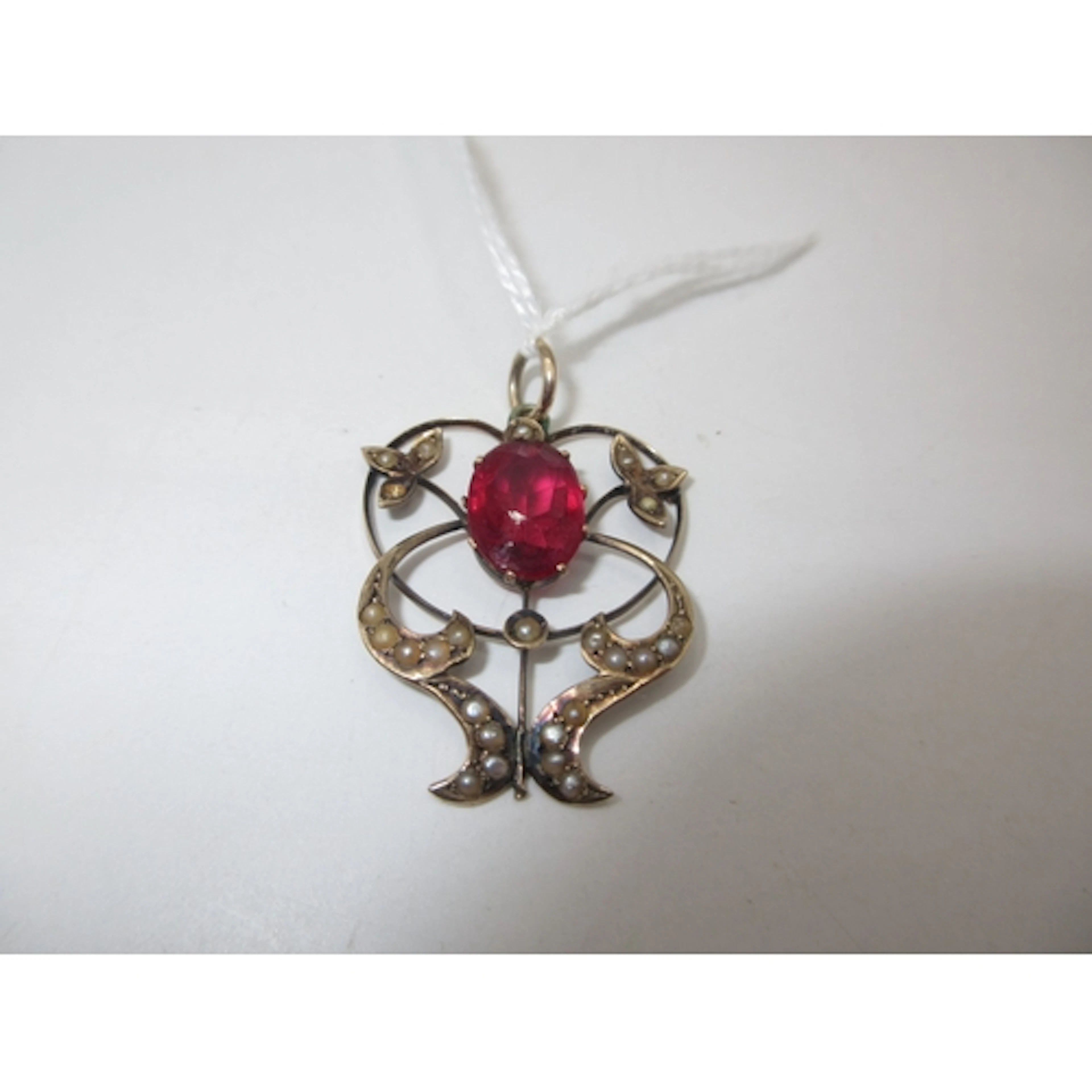 Art Nouveau 9ct Gold Red Stone and Seed Pearl Pendant, 3g