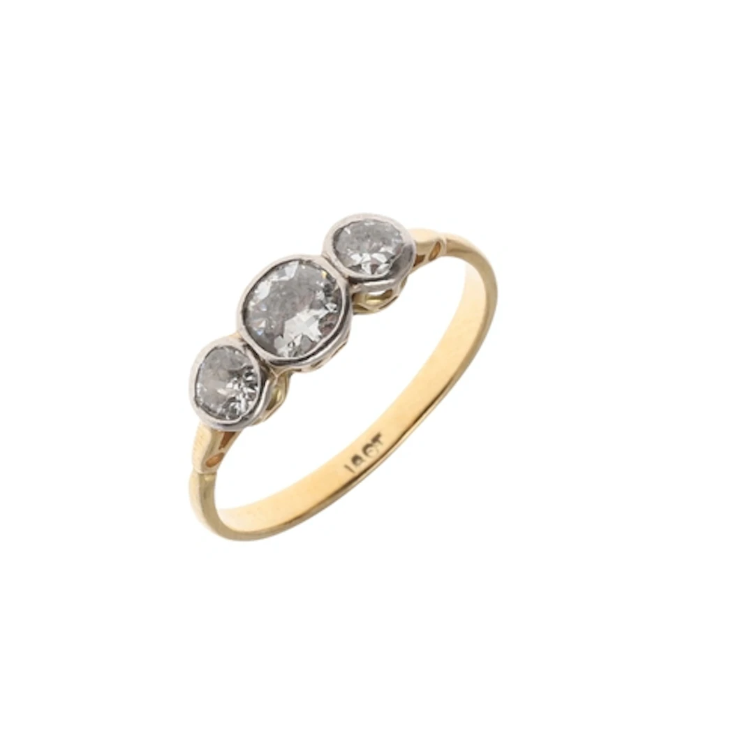 A DIAMOND THREE STONE RING. mounted with three collet-set ol...