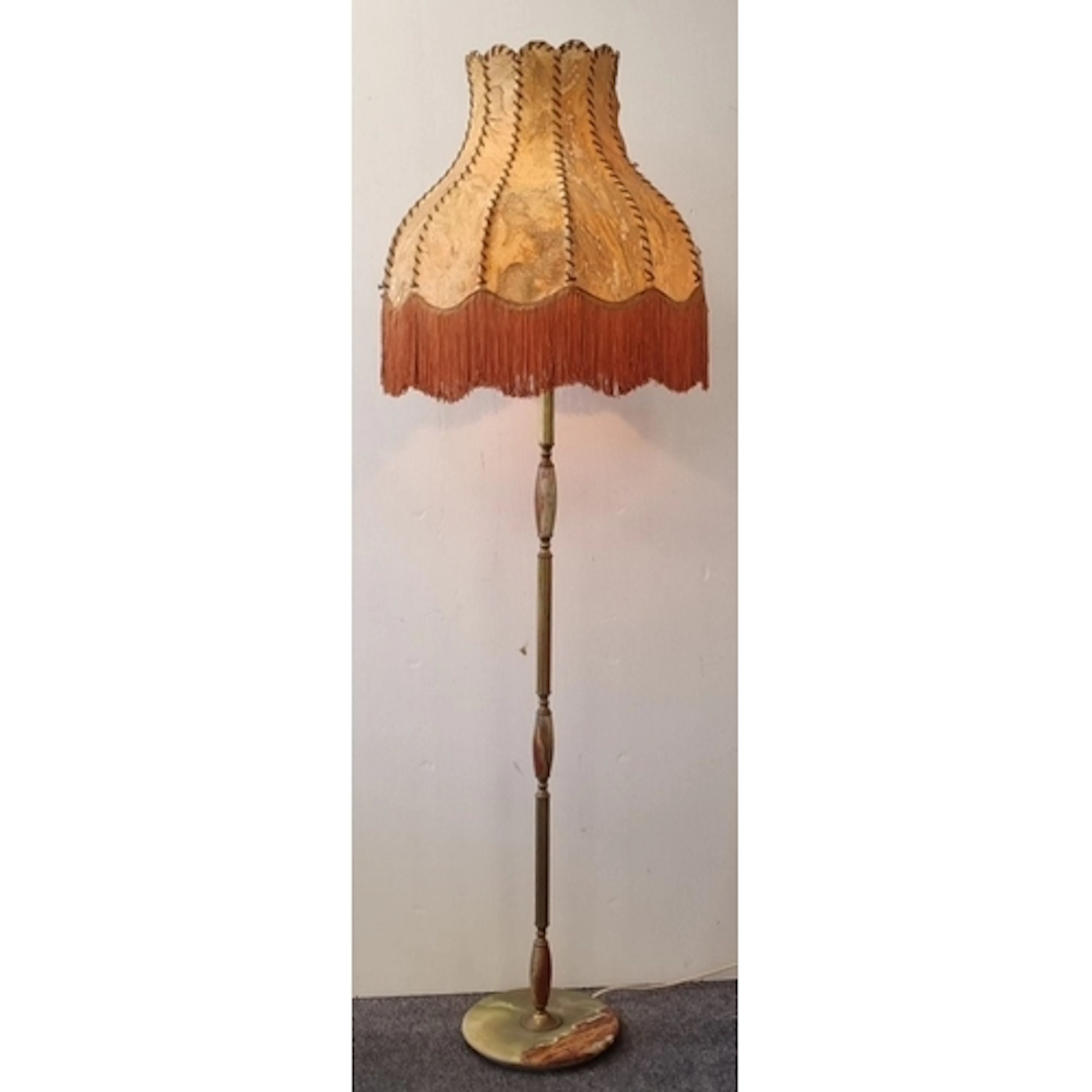 Vintage Brass and Onyx Floor Lamp with Fringed Shade, H: 175...