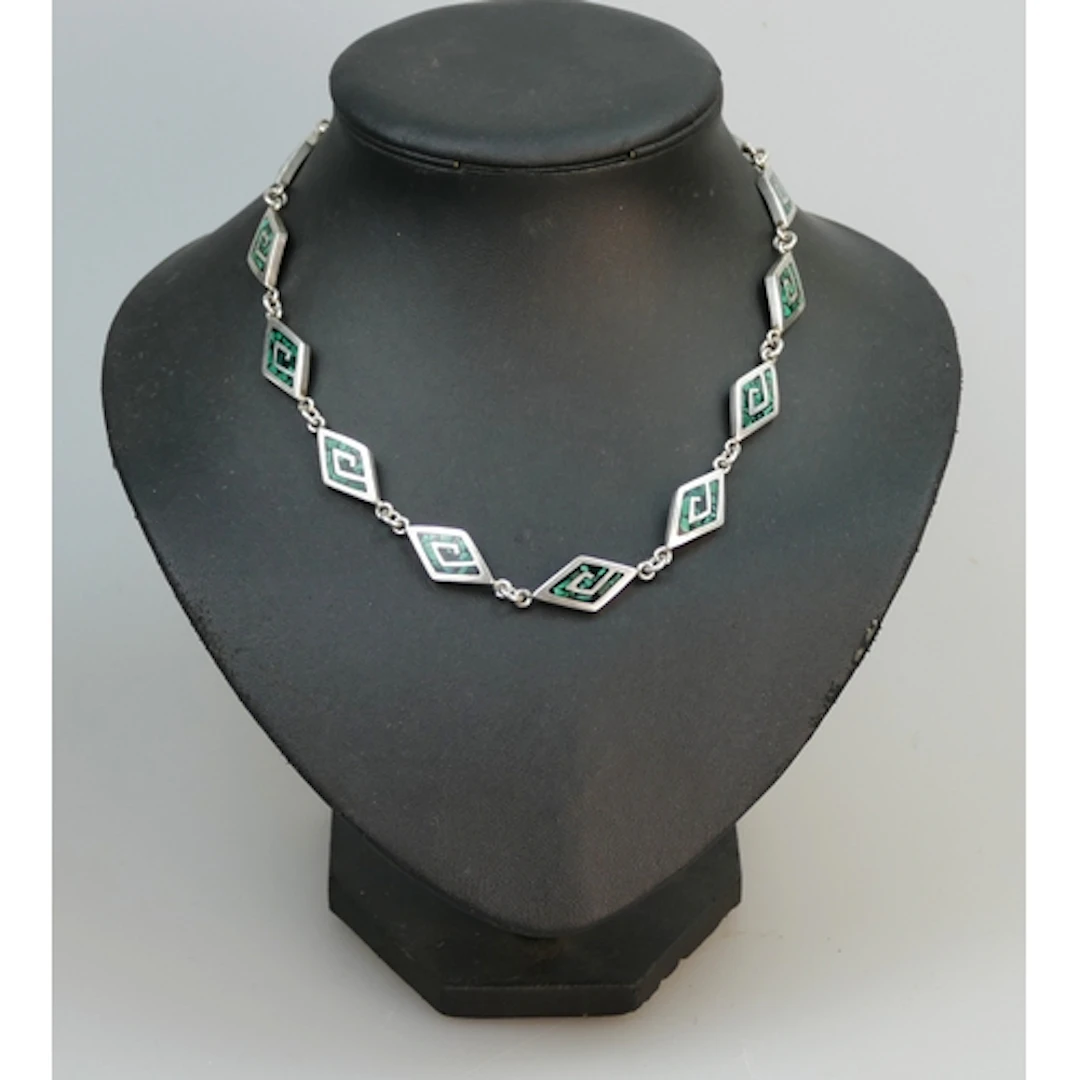 A Mexican inlaid silver panel necklace, 42cm long, stamped 9...