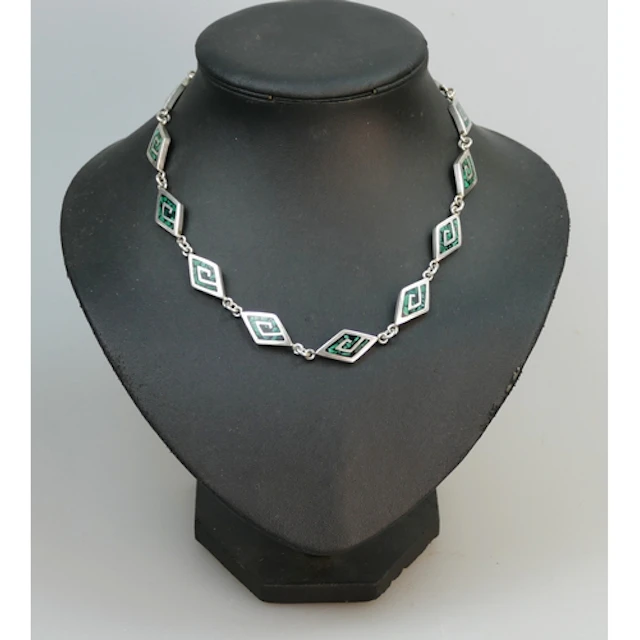 A Mexican inlaid silver panel necklace, 42cm long, stamped 9...