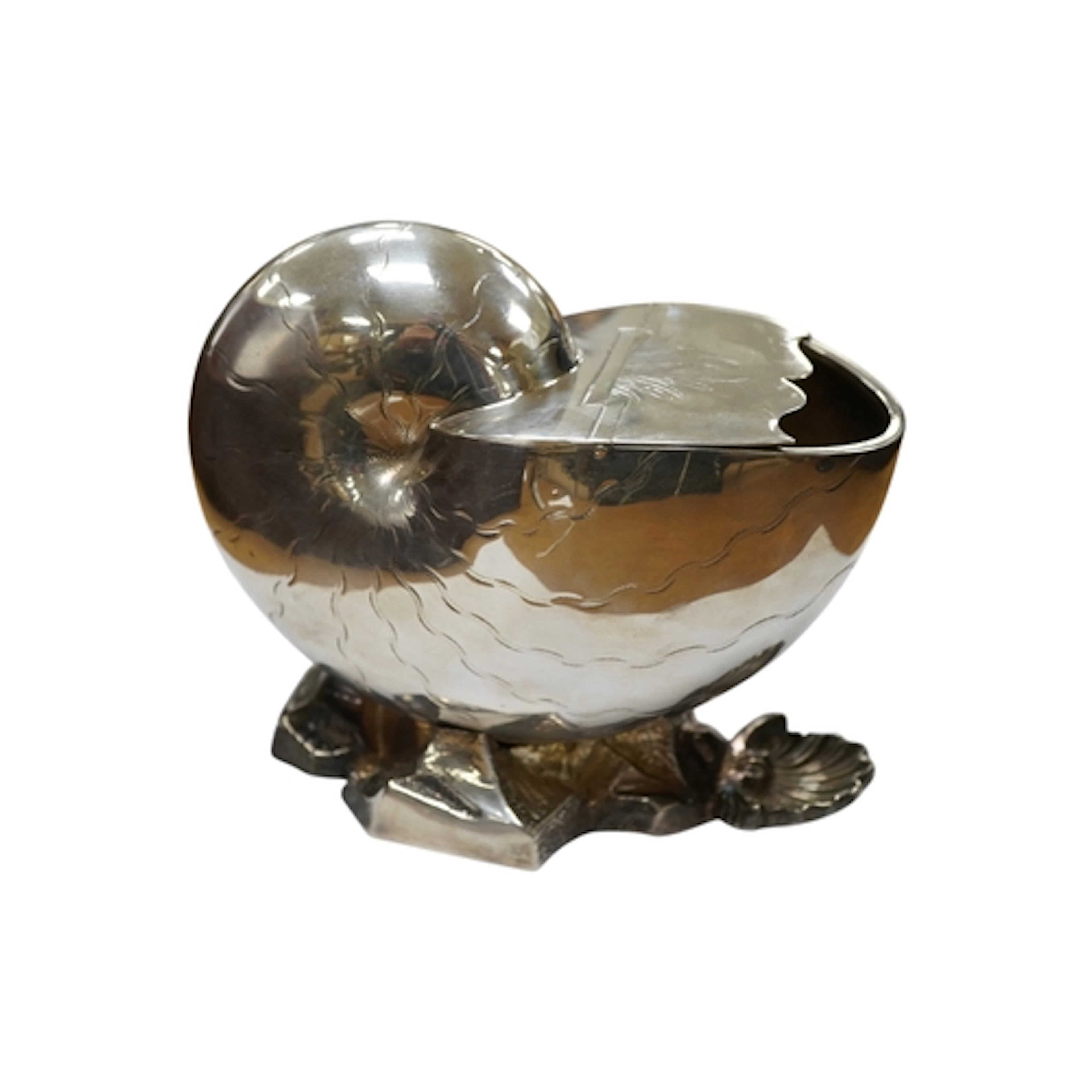A Mappin & Webb silver plated spoon warmer, nautilus shell, ...