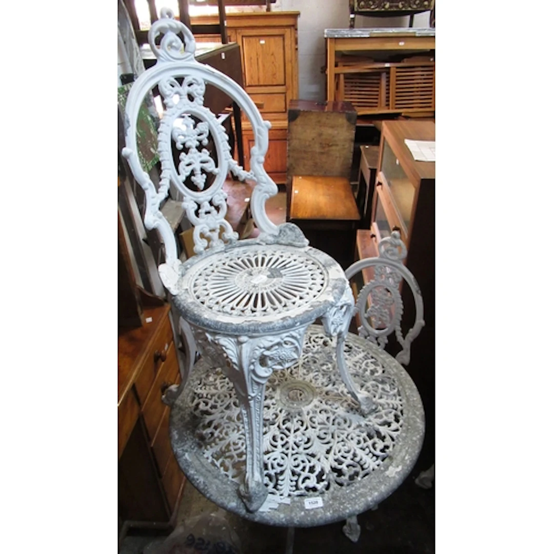 White painted cast alloy garden table, 69cm diameter, togeth...