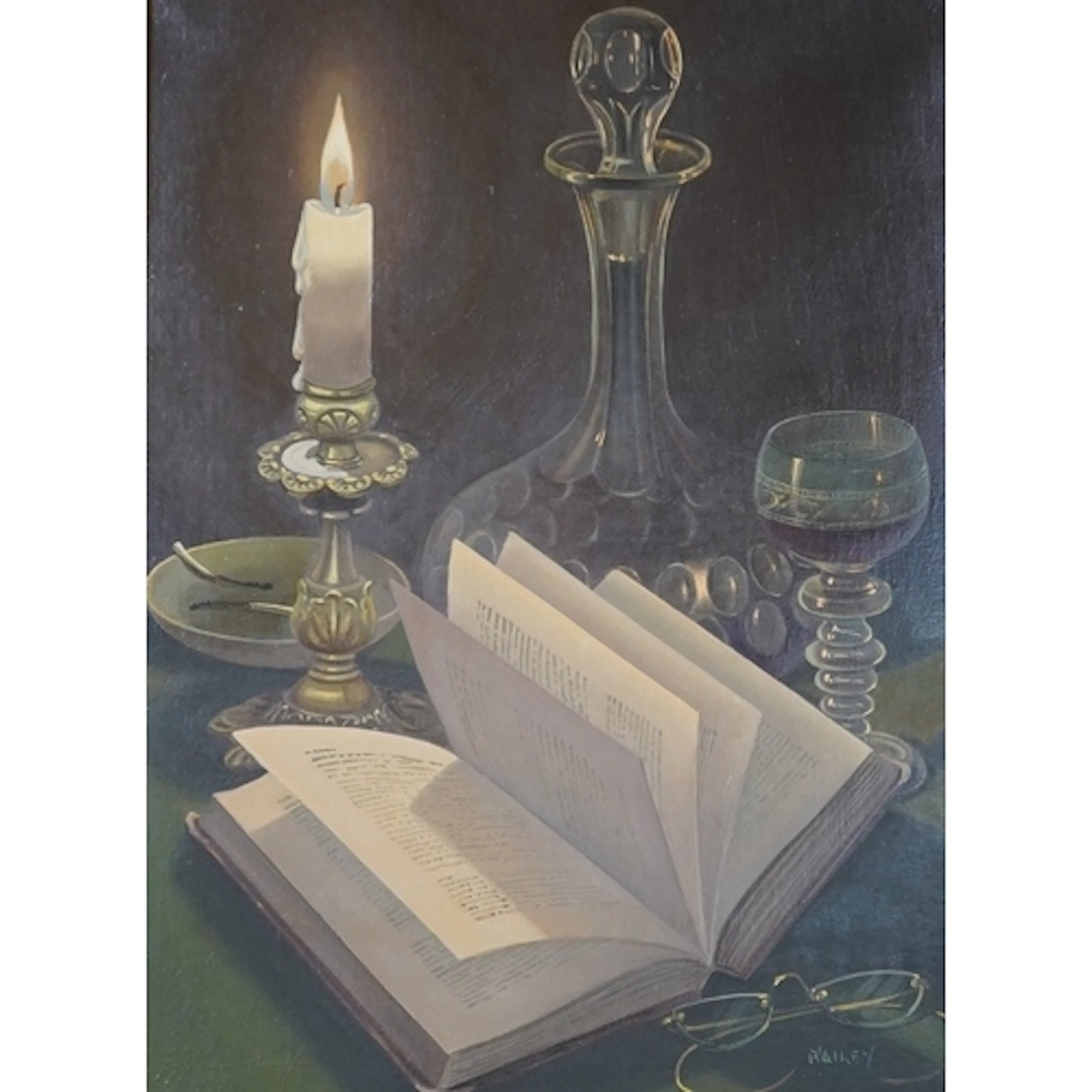 Bailey, still life of a book, decanter and candlestick, sign...