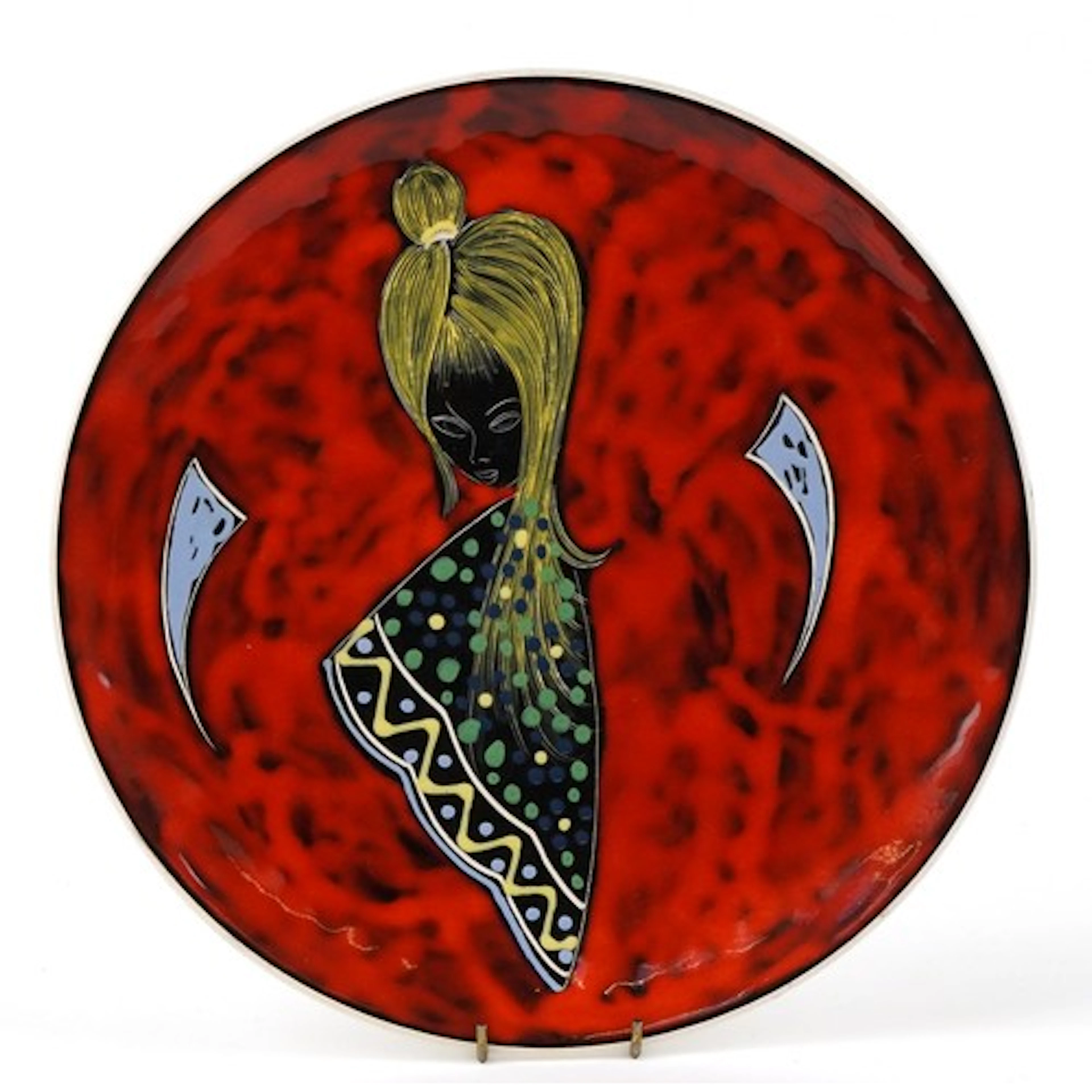 Mid century Italian pottery charger, hand painted with a fem...