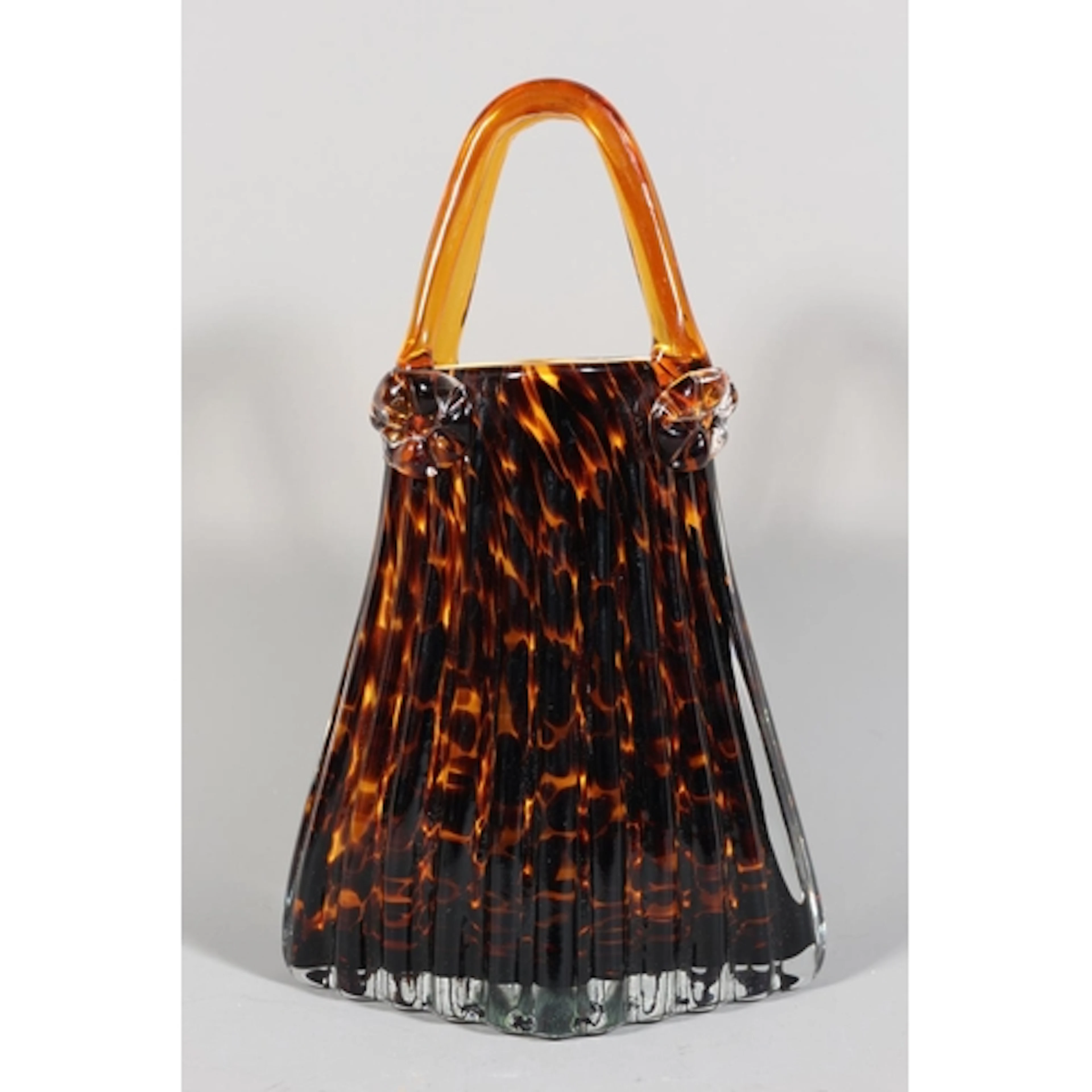Art glass purse shaped vase with ribbed body, 28cm tall