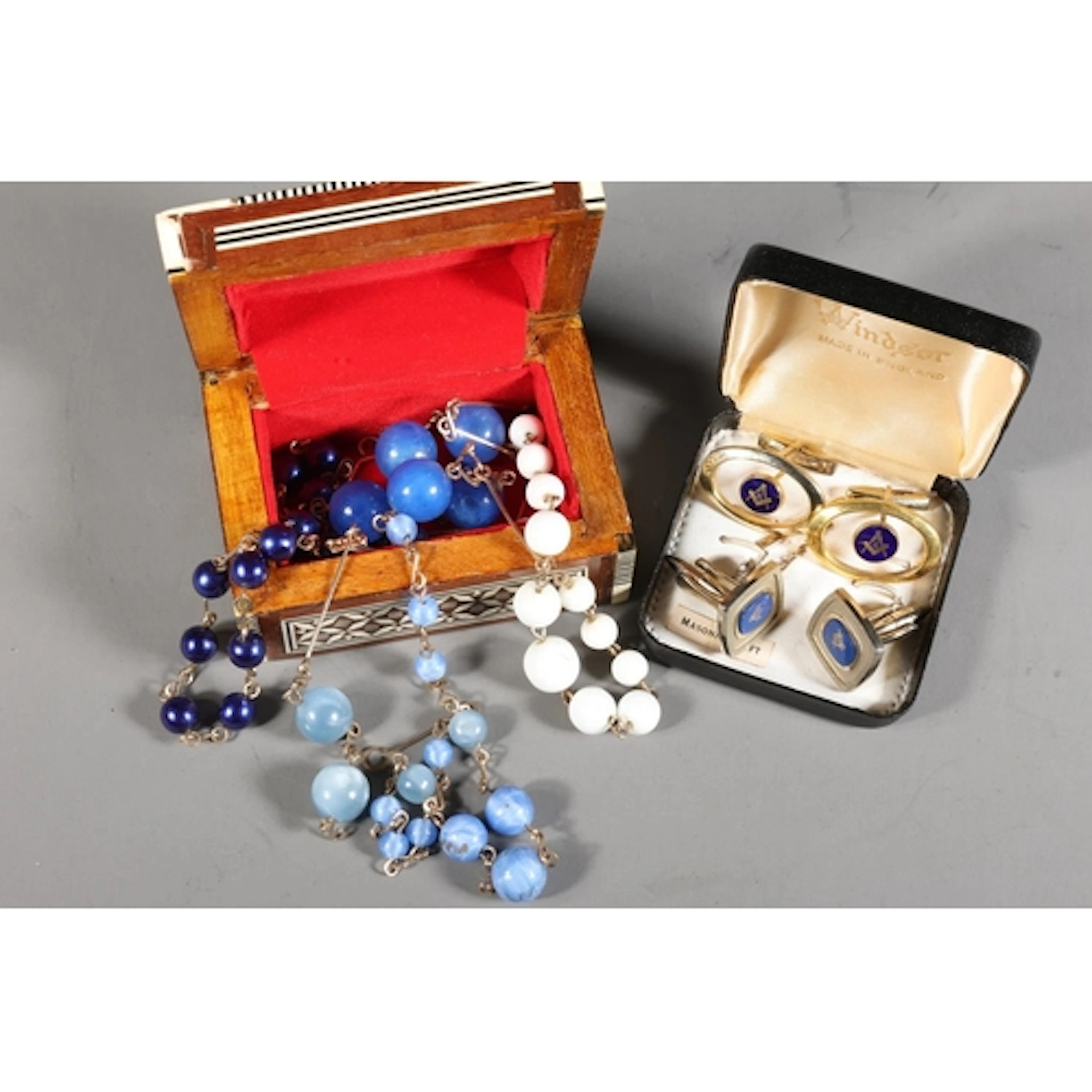 Two pairs of Masonic cufflinks, masonic lapel pin, glass bea...