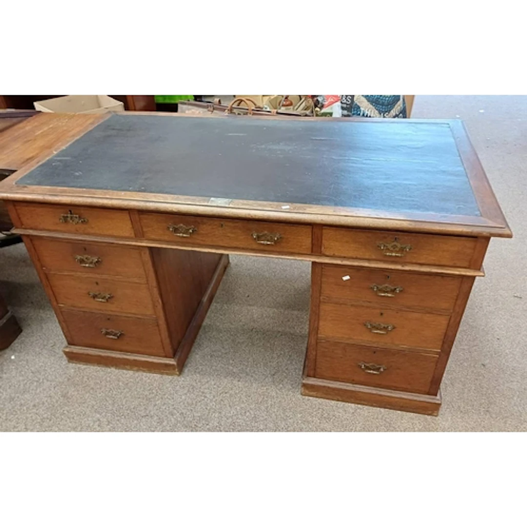 LATE 19TH CENTURY OAK TWIN PEDESTAL DESK WITH INSET TOP & 9 ...