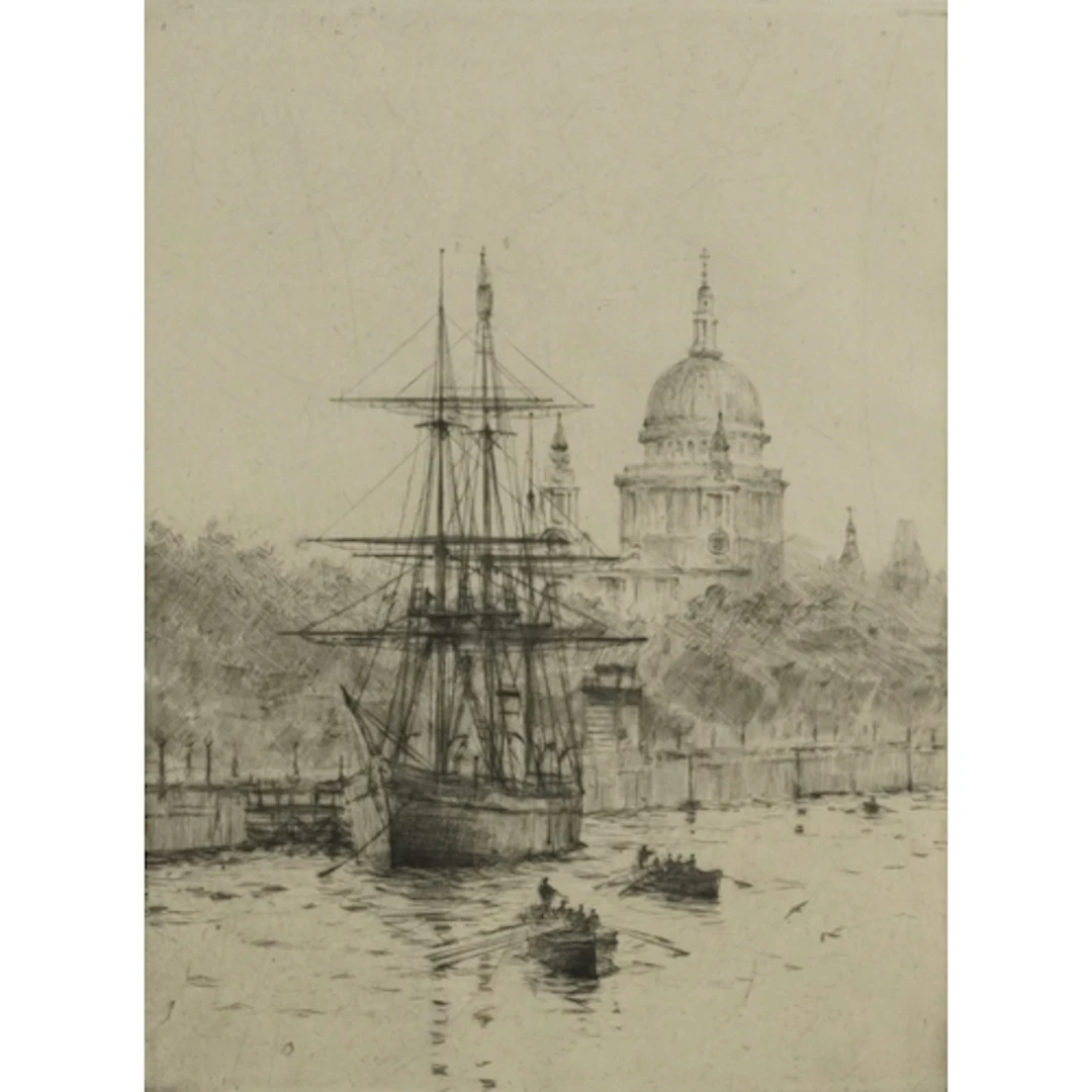 Scotts Discovery - St. Paul's, black and white etching, moun...