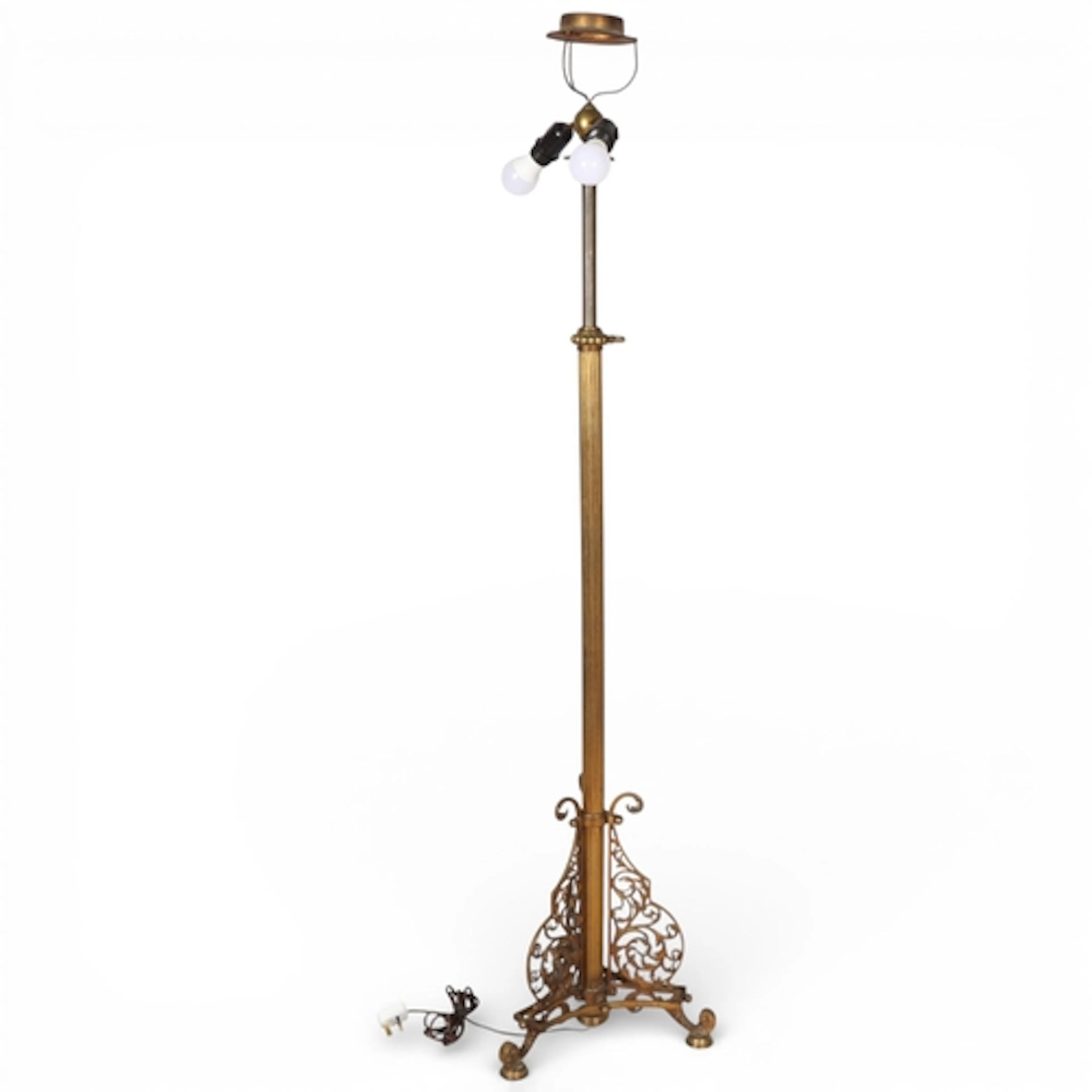 A Victorian gilt-brass rise-and-fall standard lamp, on cast ...