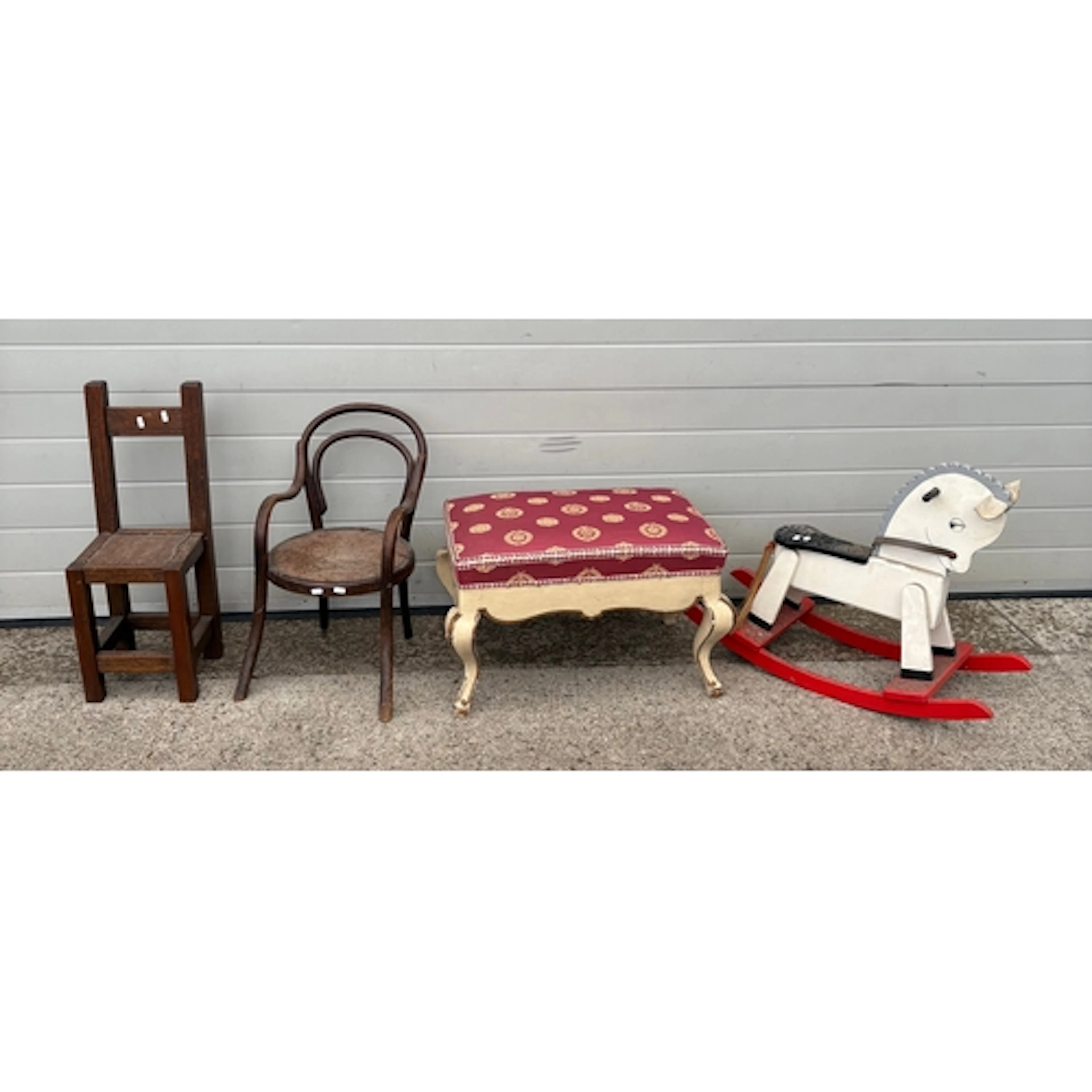 A wooden rocking horse, child’s bentwood arm chair, child’s ...