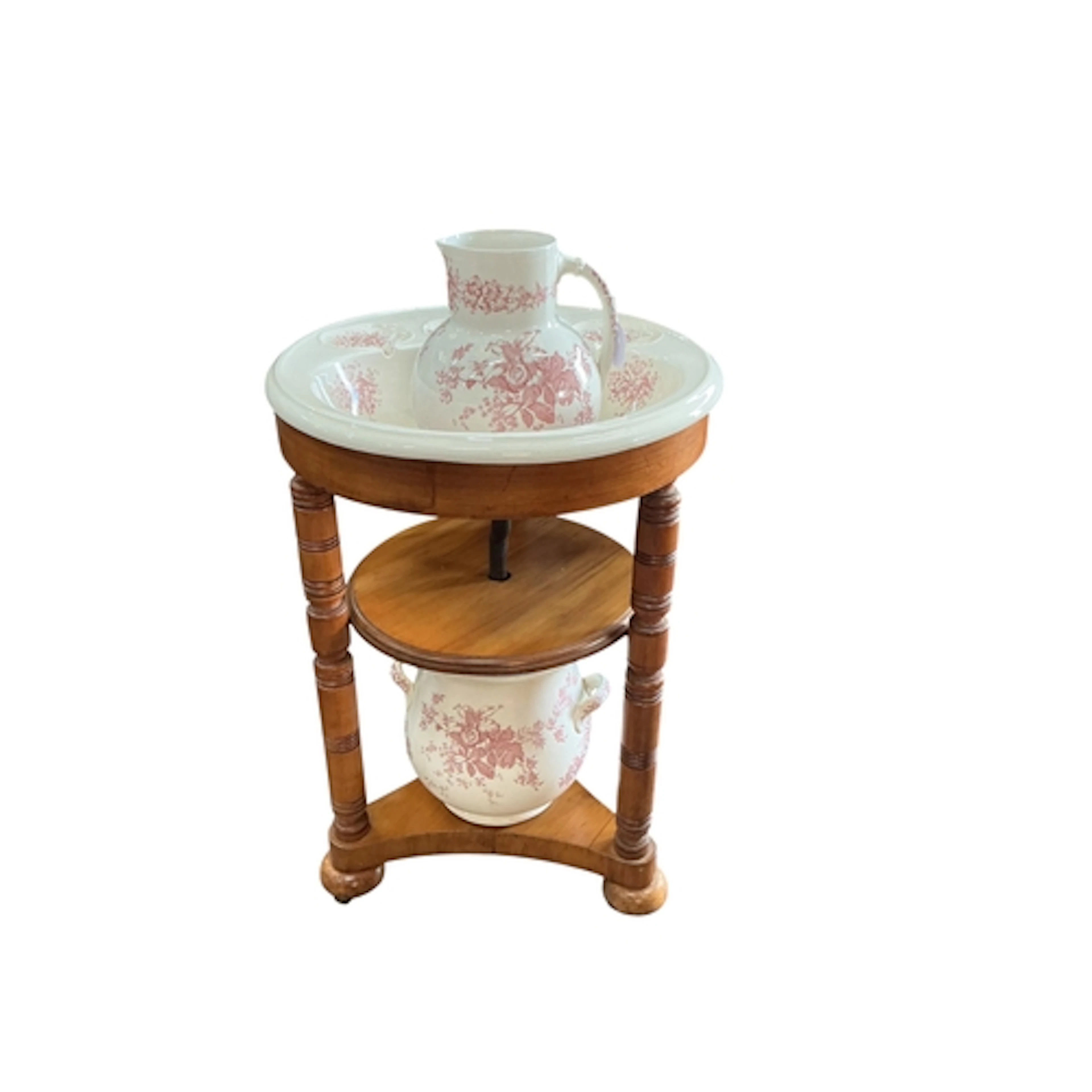 A Victorian satin walnut washstand with basin, diameter 60cm...