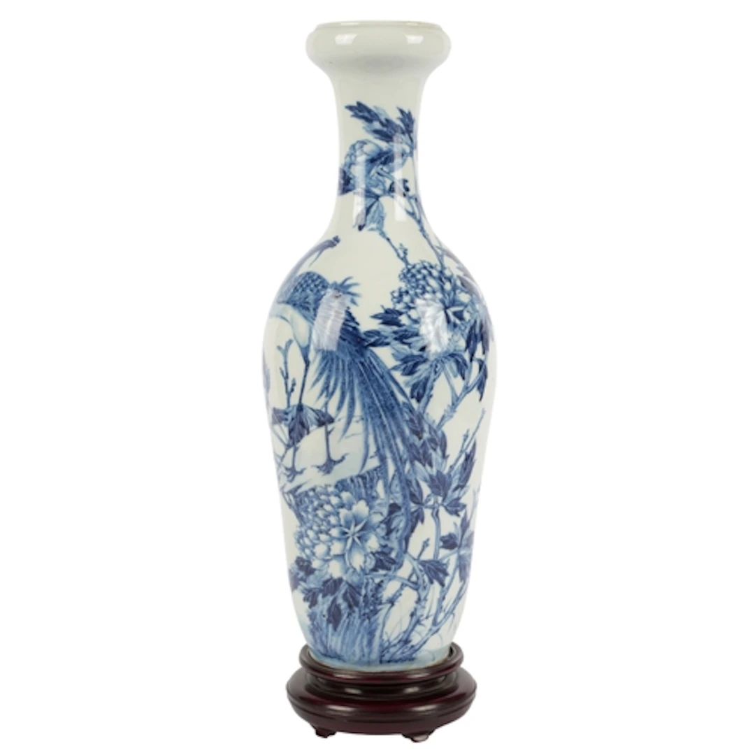 A tall Chinese blue and white 'phoenix and peony' vase, 19th...