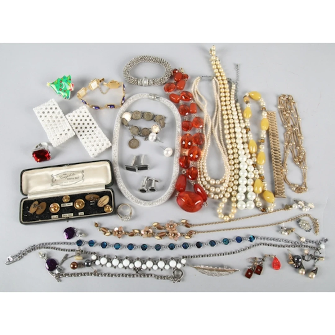 Various costume jewellery, necklaces, coin bracelet, cufflin...