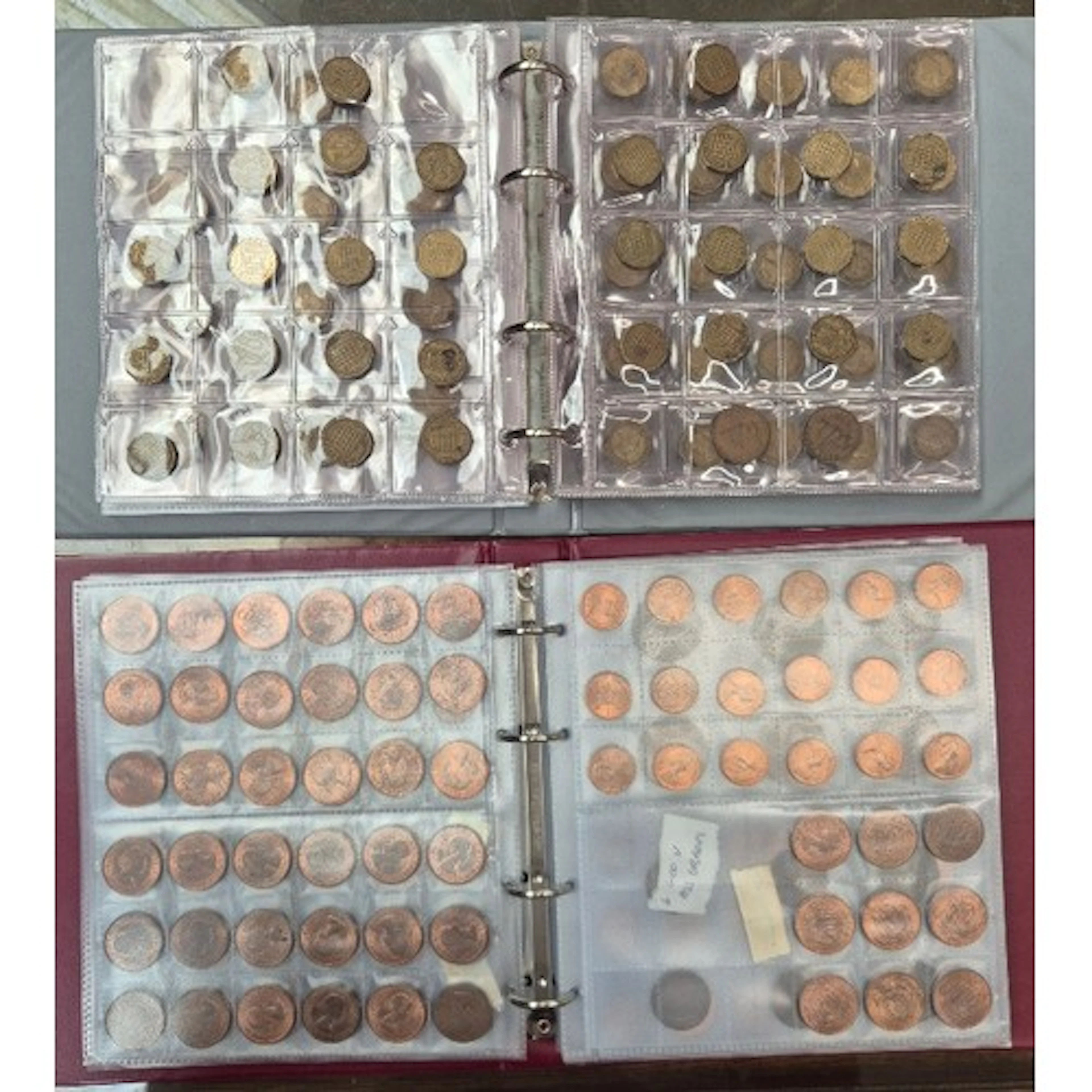 Two files of assorted GB coins to include, pennies, half pen...