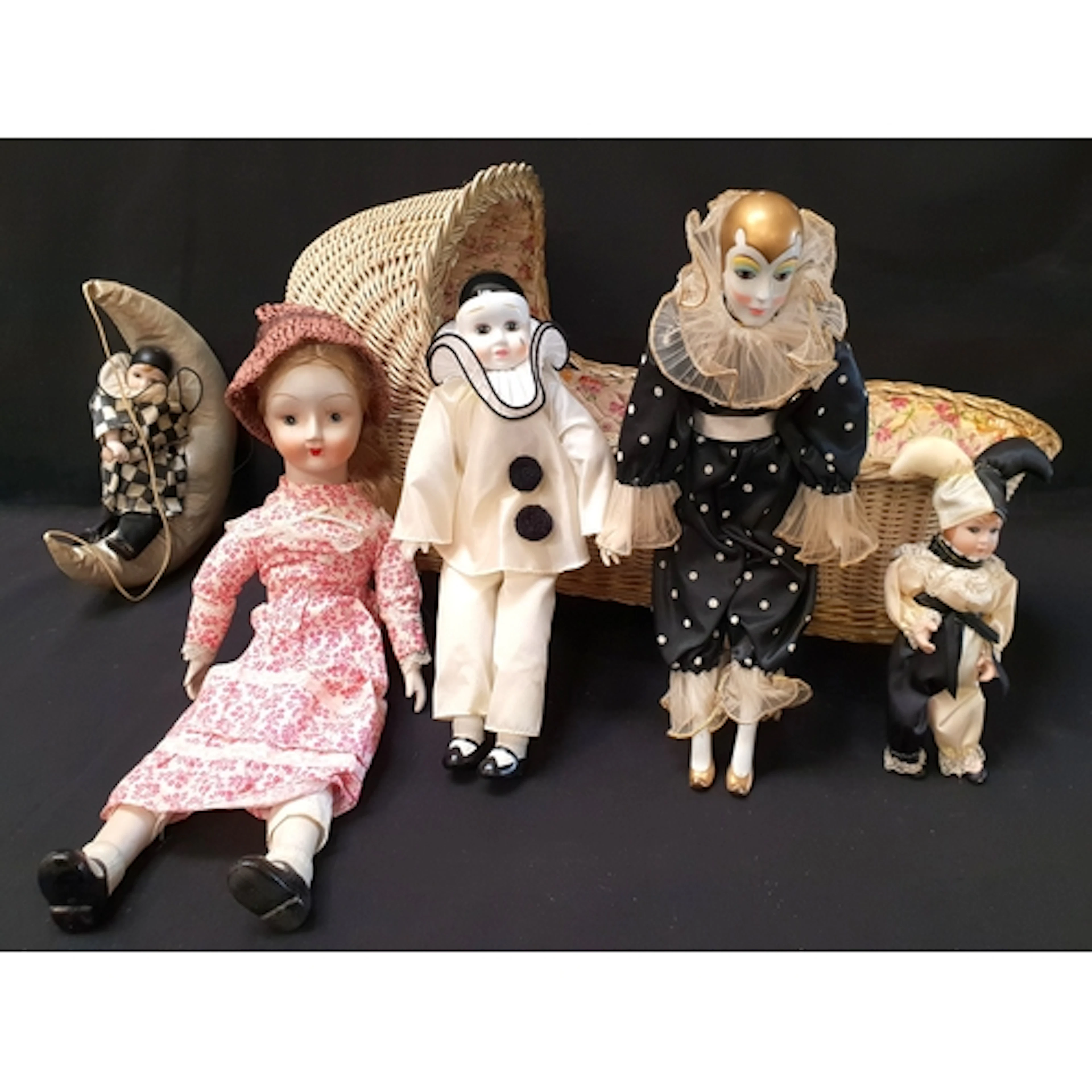 SELECTION OF CLOWN AND OTHER DOLLS including a vintage porc...