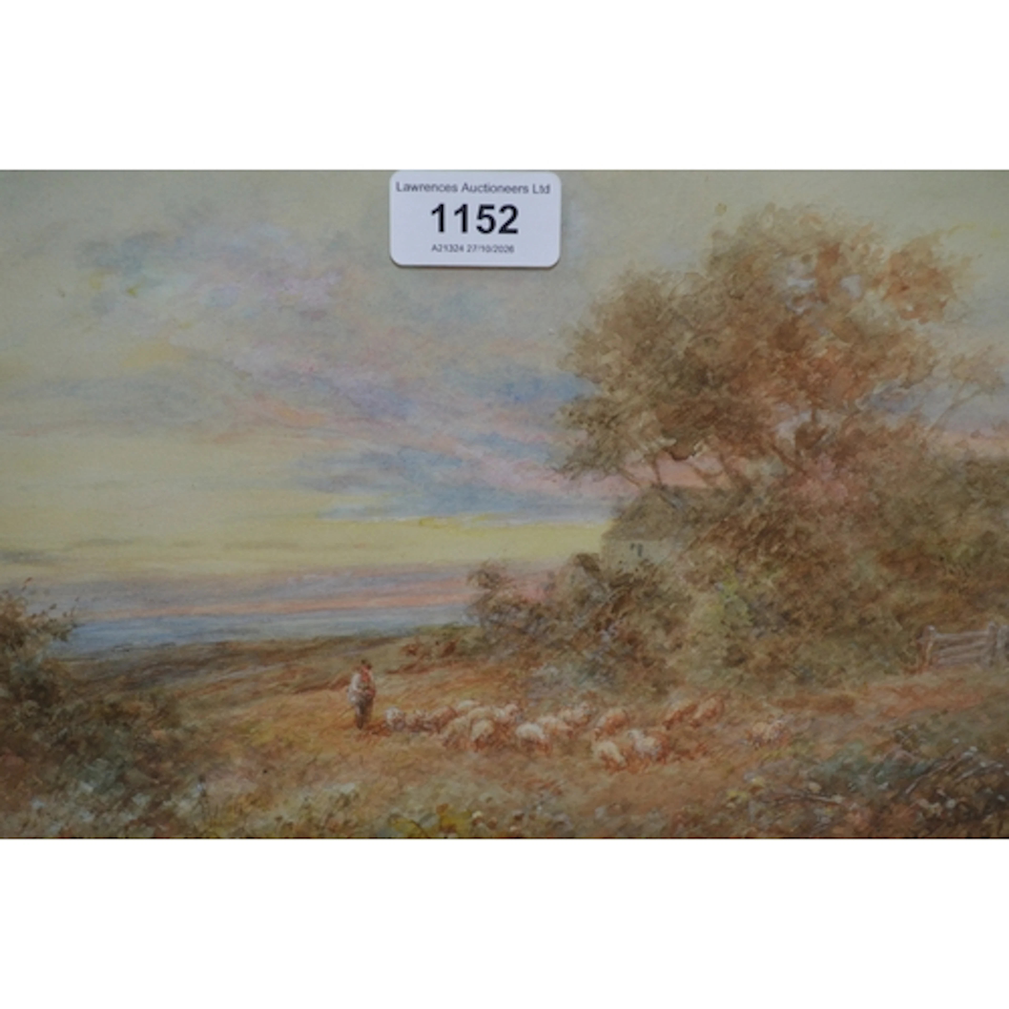 Watercolour, shepherd with flock in a sunset landscape, sign...