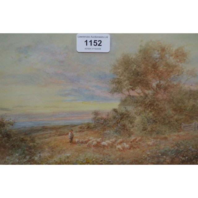 Watercolour, shepherd with flock in a sunset landscape, sign...
