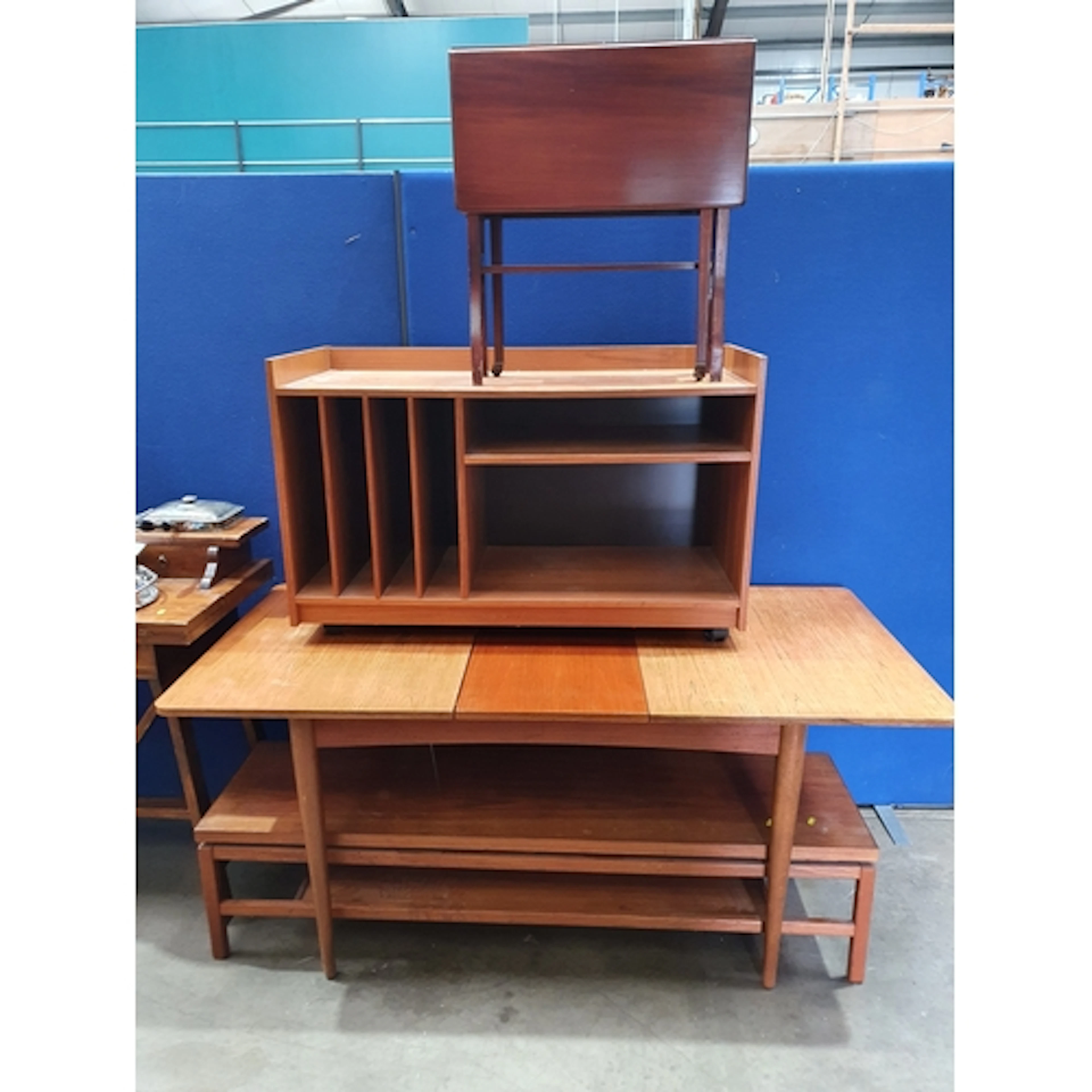A modern teak Bookcase 3ft 5in W, a walnut Sutherland Table ...