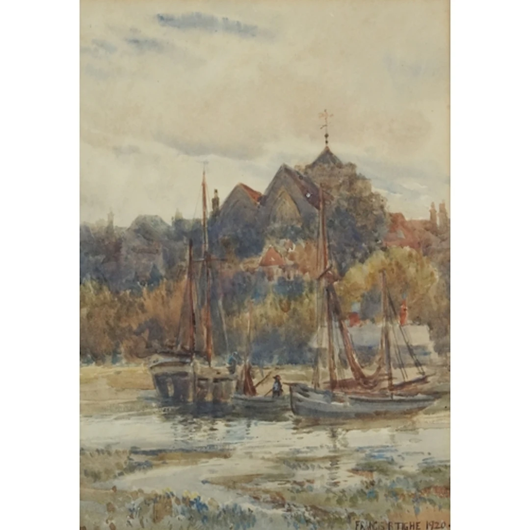 Francis B Tighe - Moored boats before a church, early 20th c...