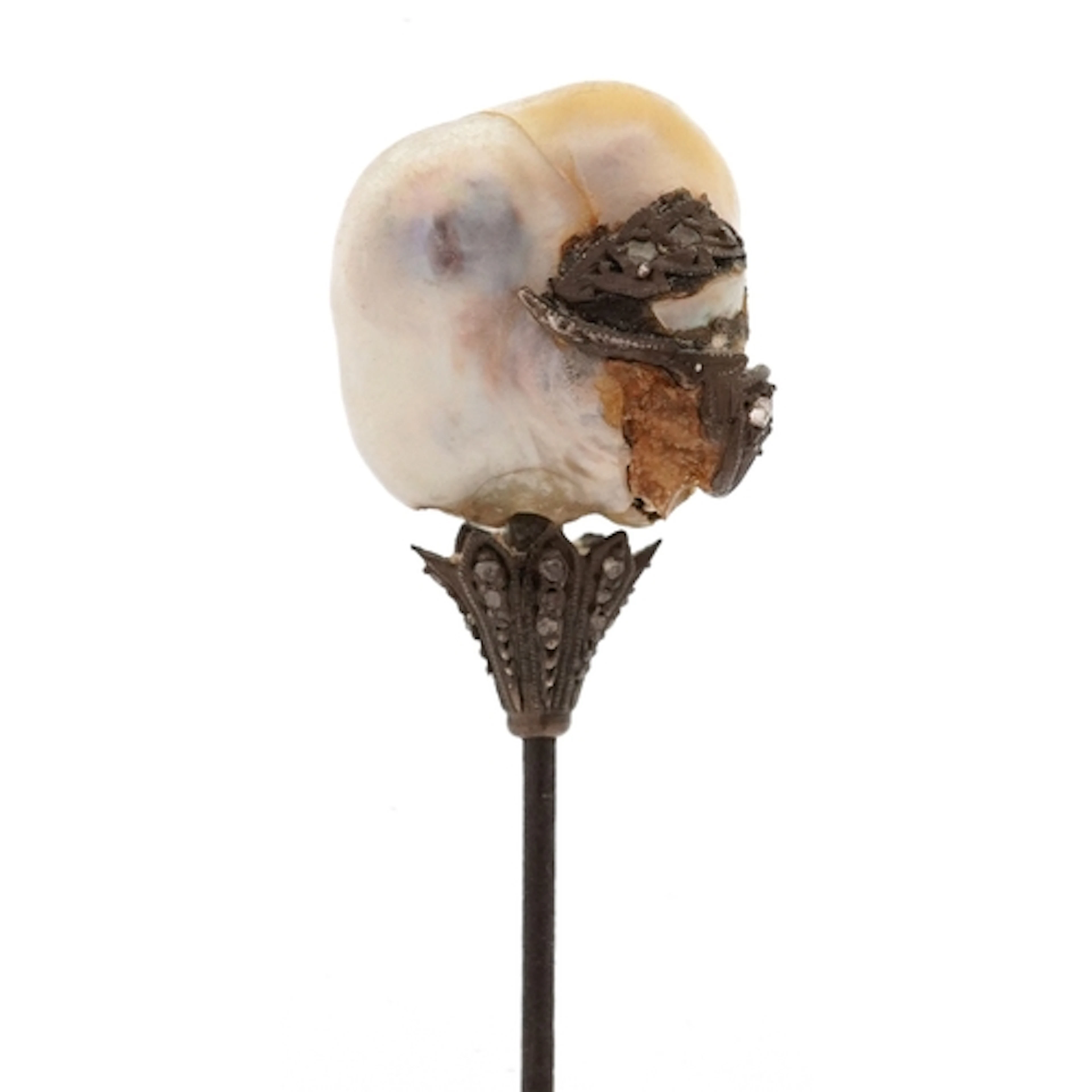 White metal Baroque pearl and diamond stickpin, 12cm in leng...