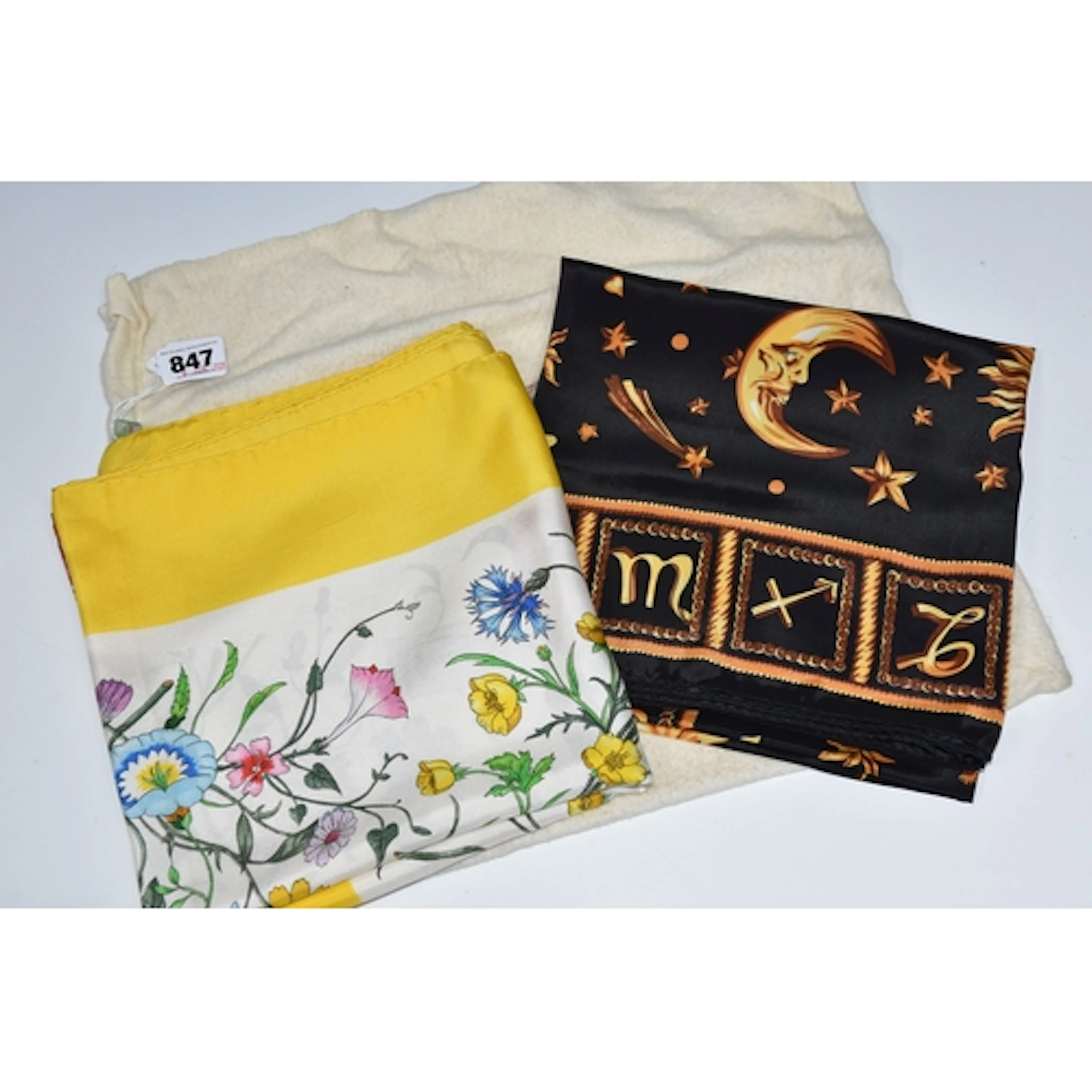 TWO VINTAGE DESIGNER SILK SCARVES, comprising a Gucci silk s...