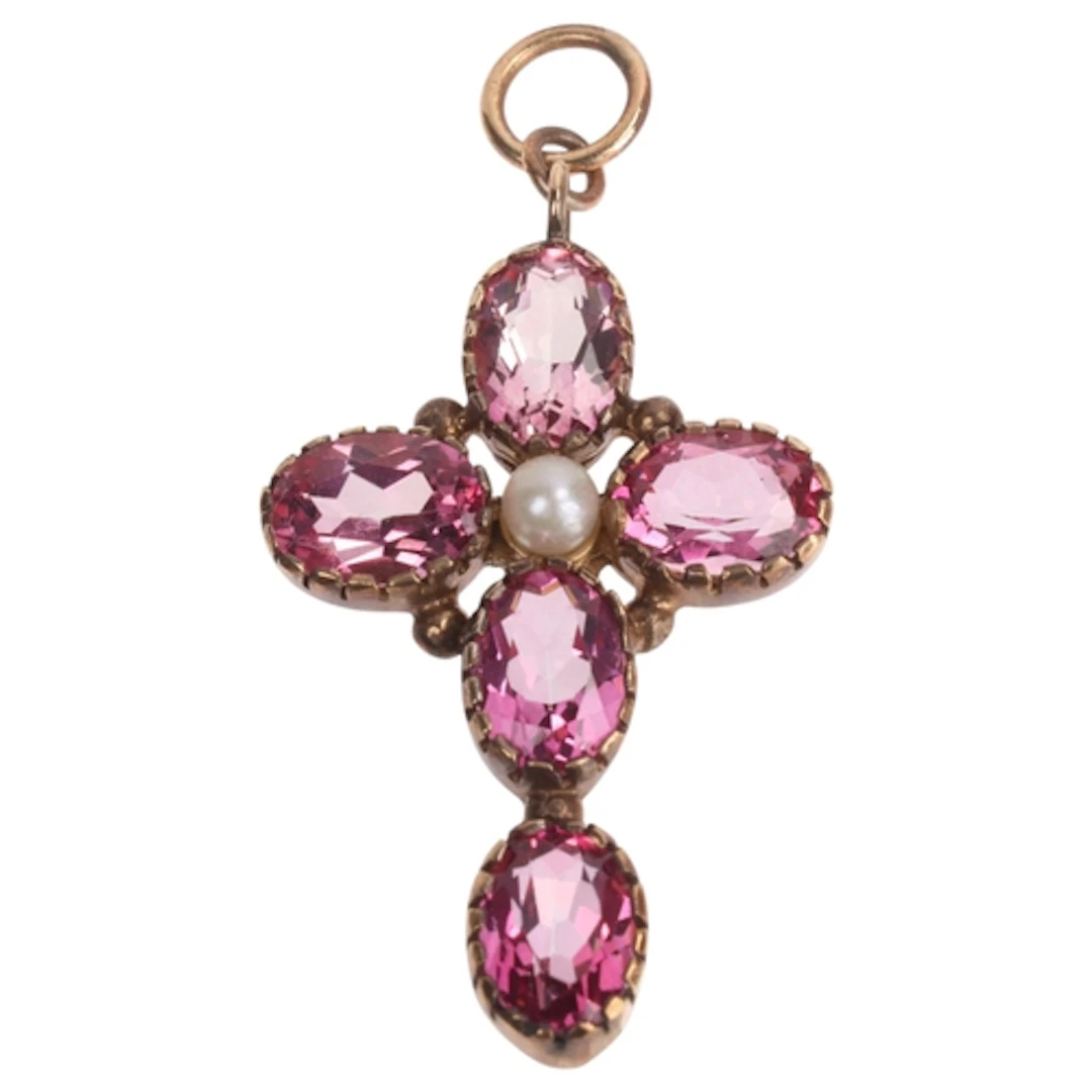 A 9ct gold pink topaz and pearl cross pendant, in the Georgi...