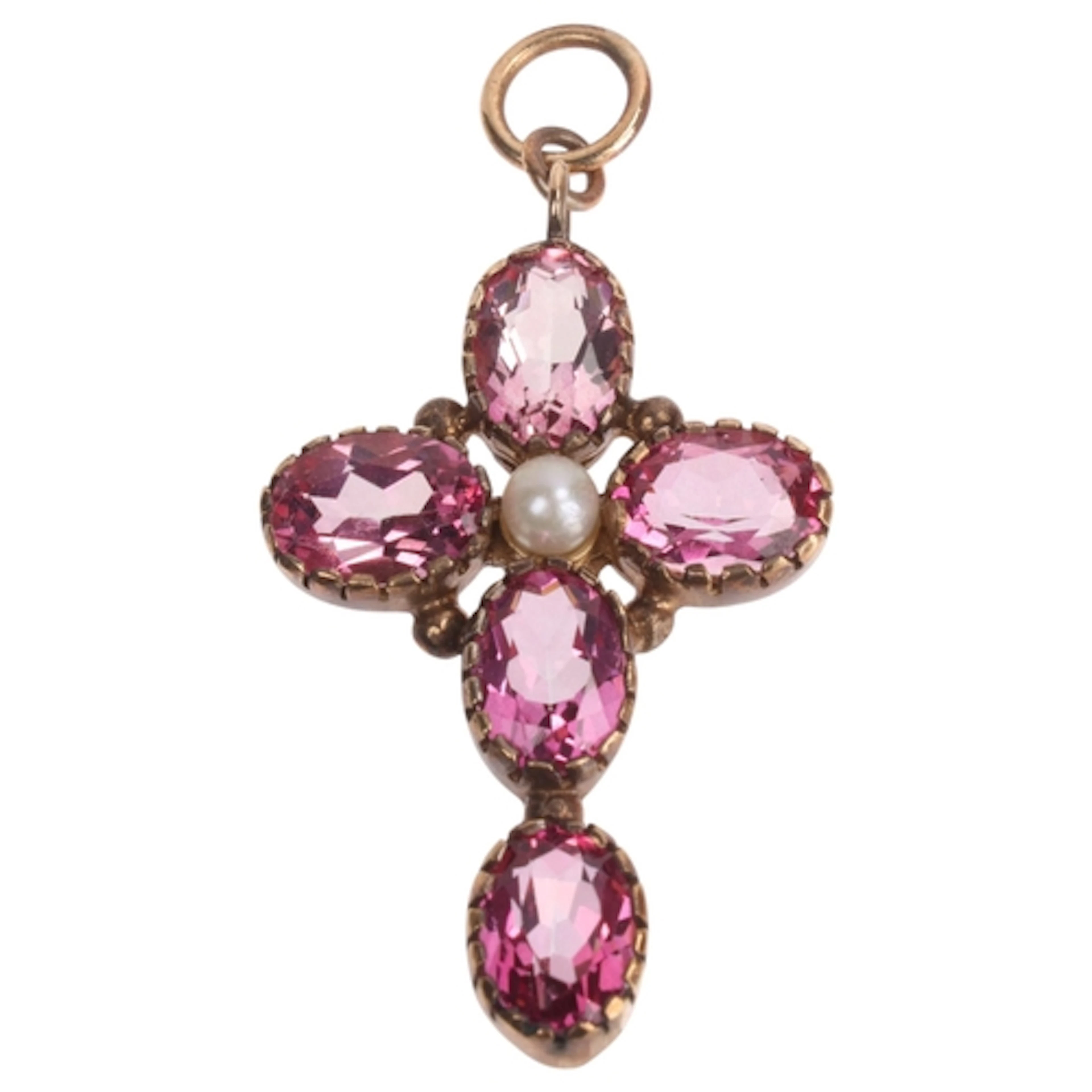 A 9ct gold pink topaz and pearl cross pendant, in the Georgi...