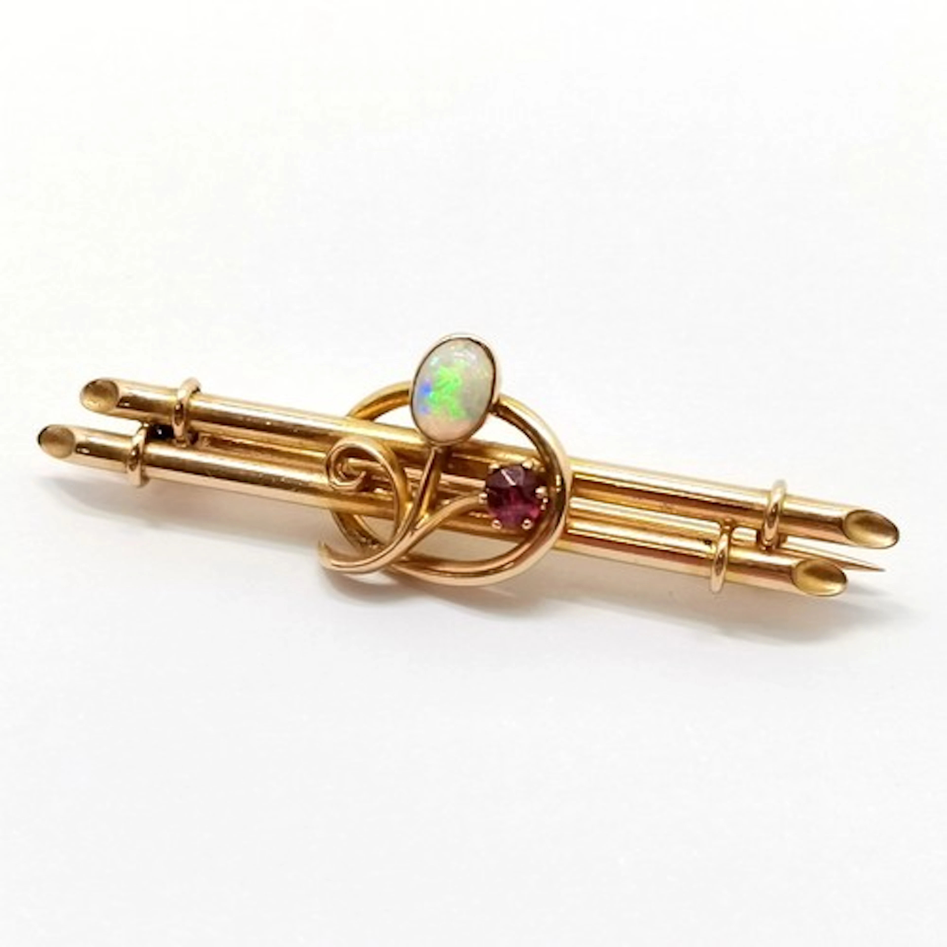 Antique 15ct marked gold brooch set with opal & ruby - 4.5cm...