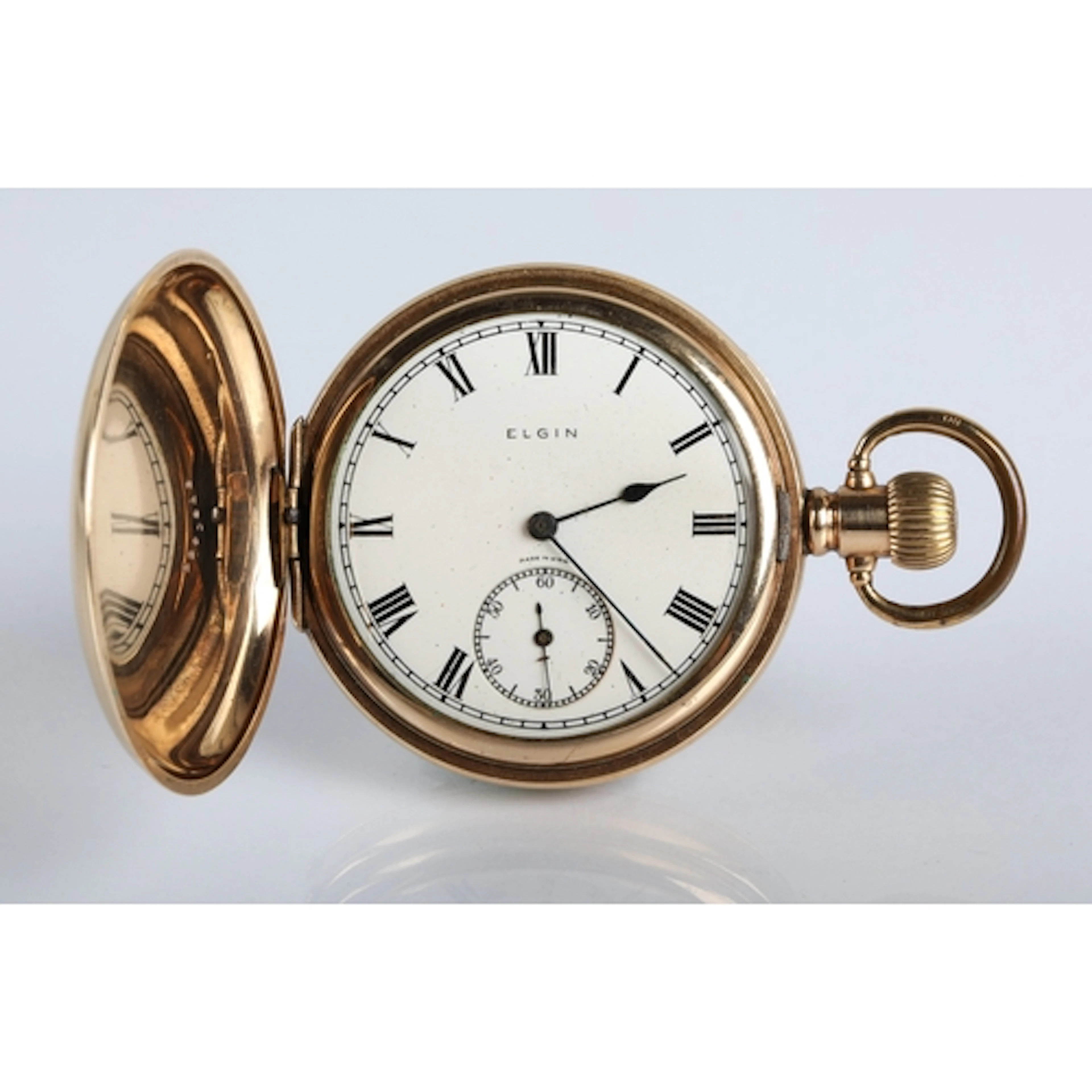 Gents Elgin gold plated full hunter pocket watch, white enam...