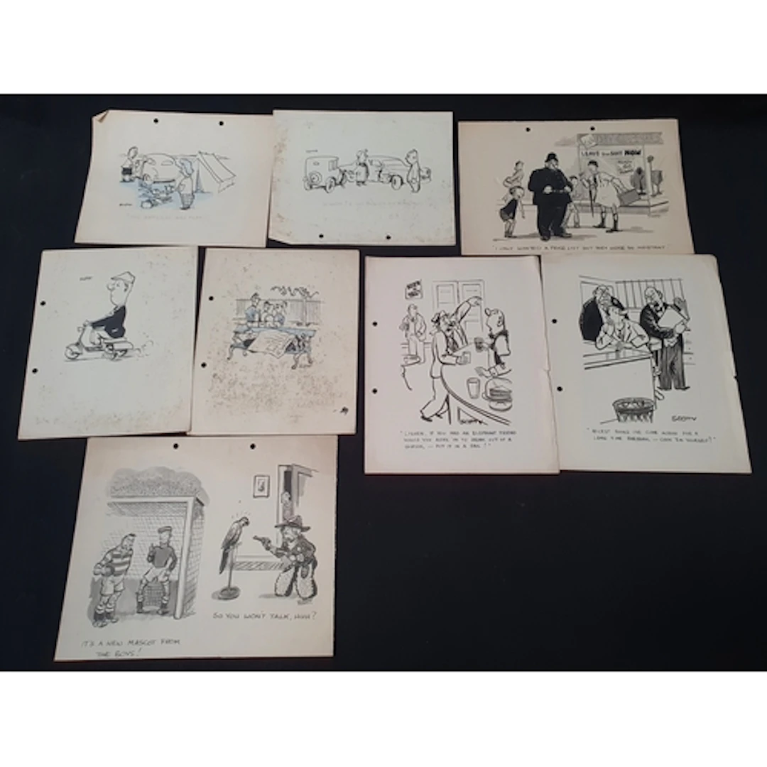 NINE PEN AND INK ORIGINAL SINGLE-PANEL CARTOONS circa 1940s/...