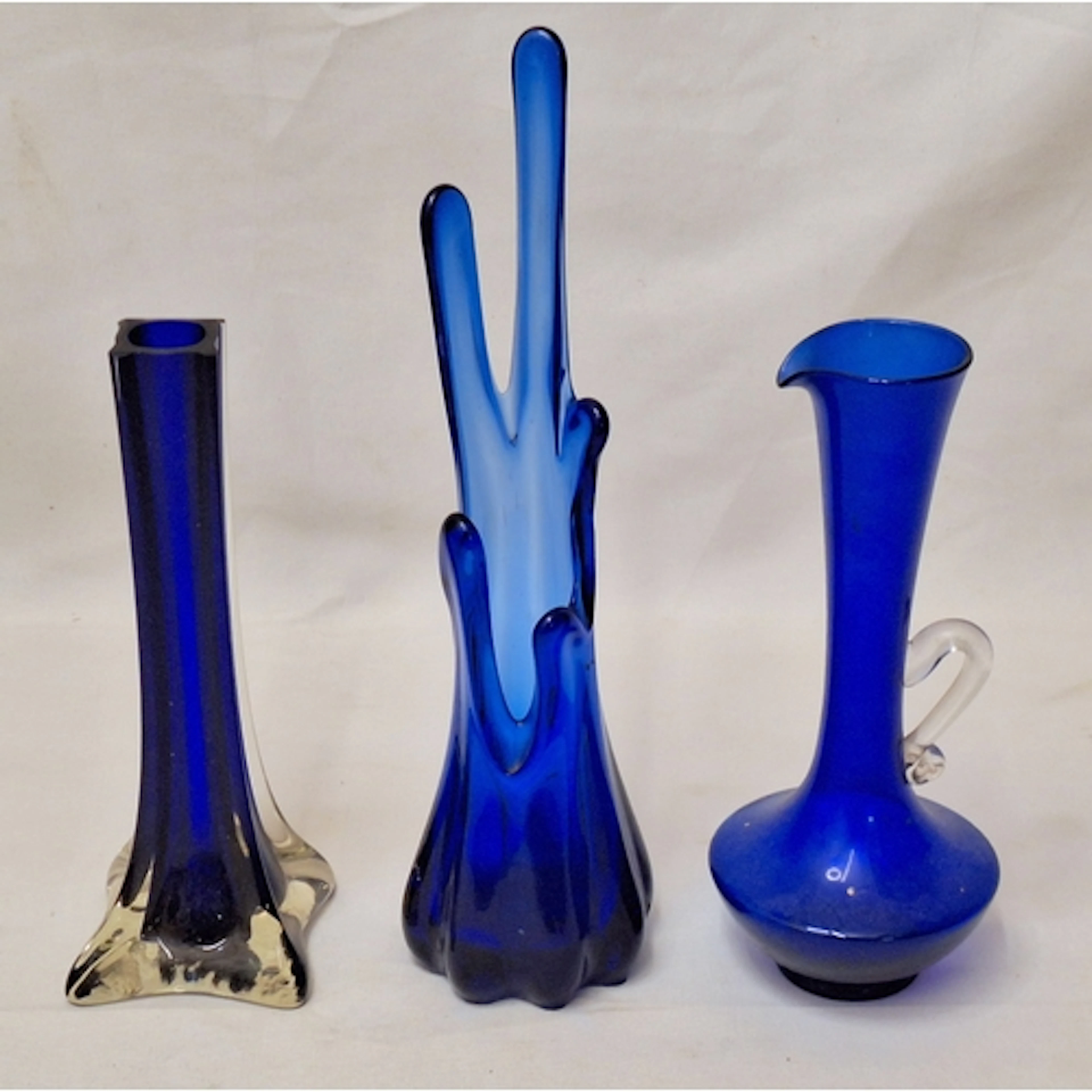 3 Vintage Cobalt Blue Art Glass Vases, splash vase, jug vase...