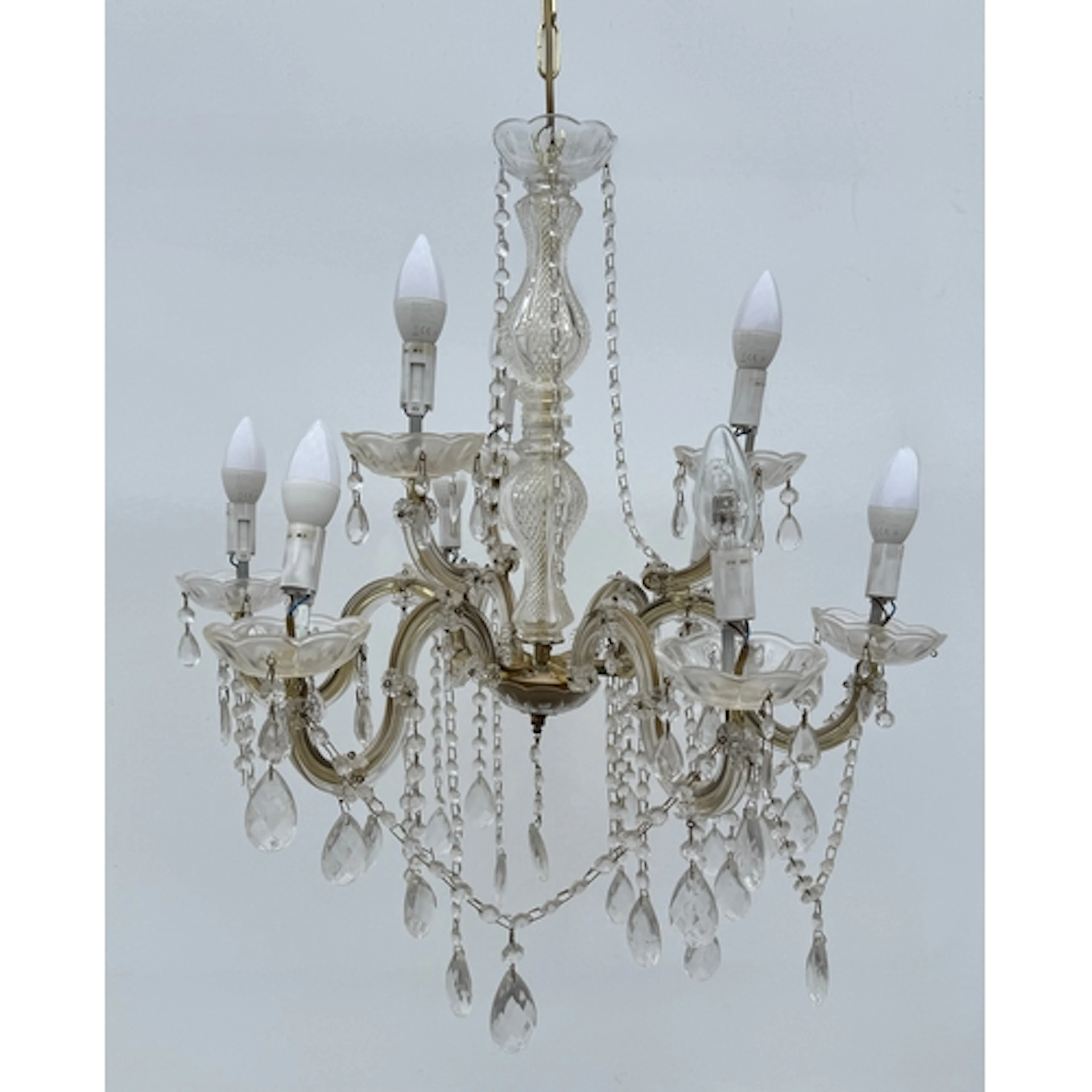 A late twentieth century glass and droplet nine branch chand...