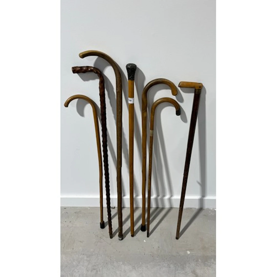 Silver capped walking cane, and others.