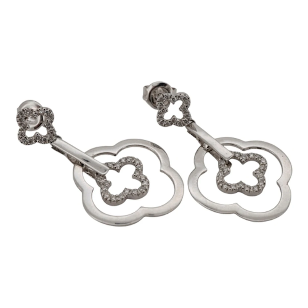 A pair of diamond earrings, each composed of quatrefoil moti...