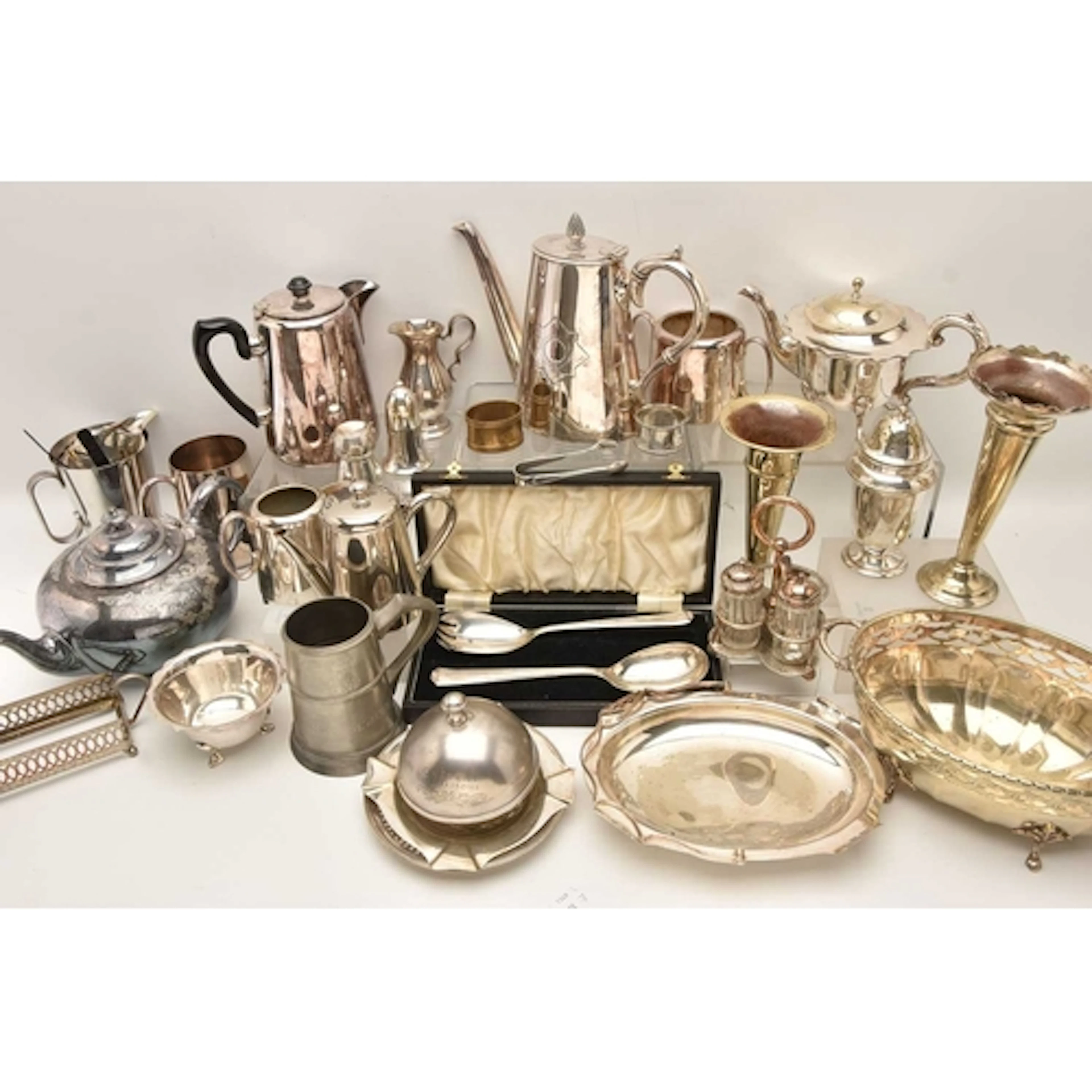 A BOX OF ASSORTED WHITE METAL WARE AND A LIMITED EDITION POS...