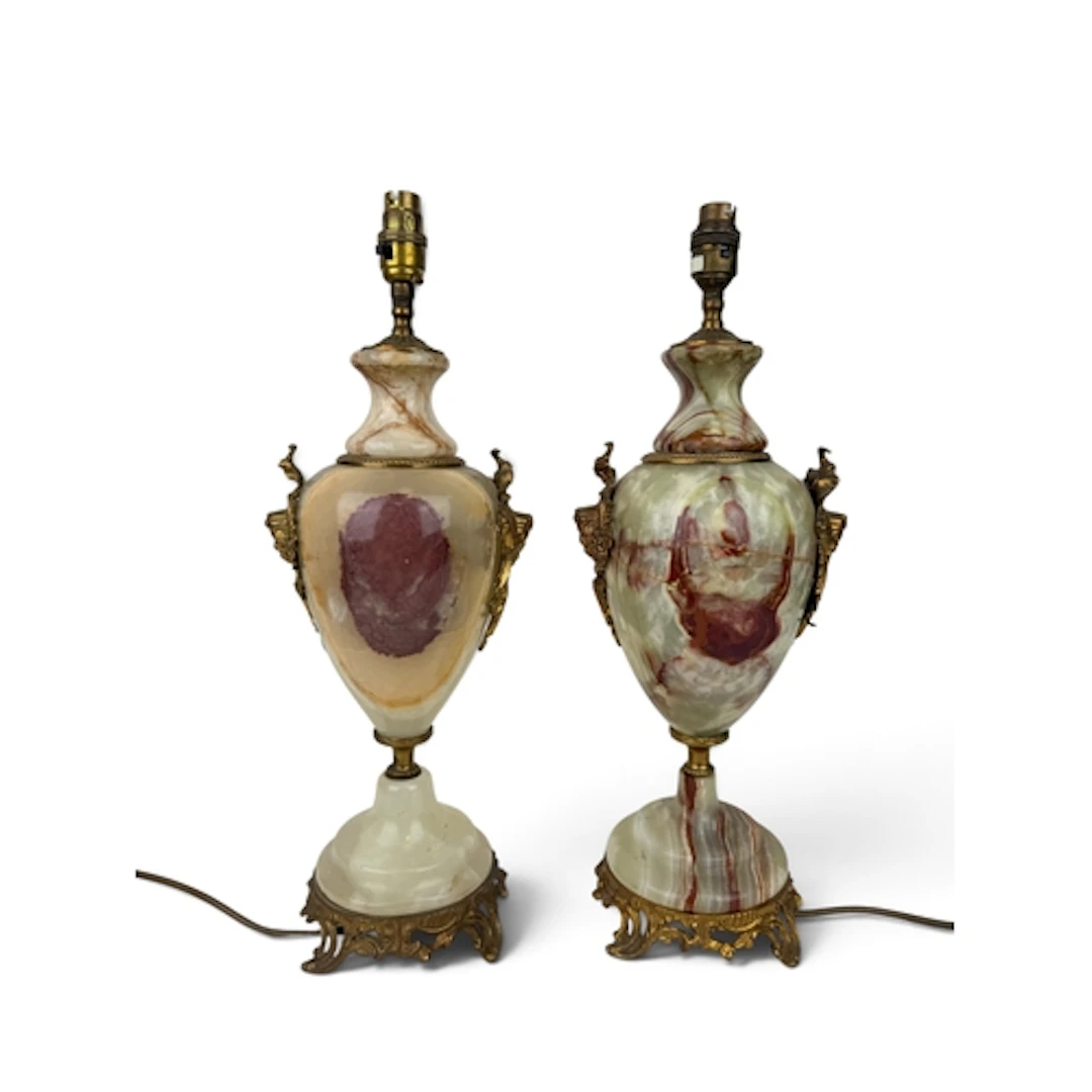 A PAIR OF ONYX ORMOLU MOUNTED URN SHAPED TABLE LAMPS 49cm H ...