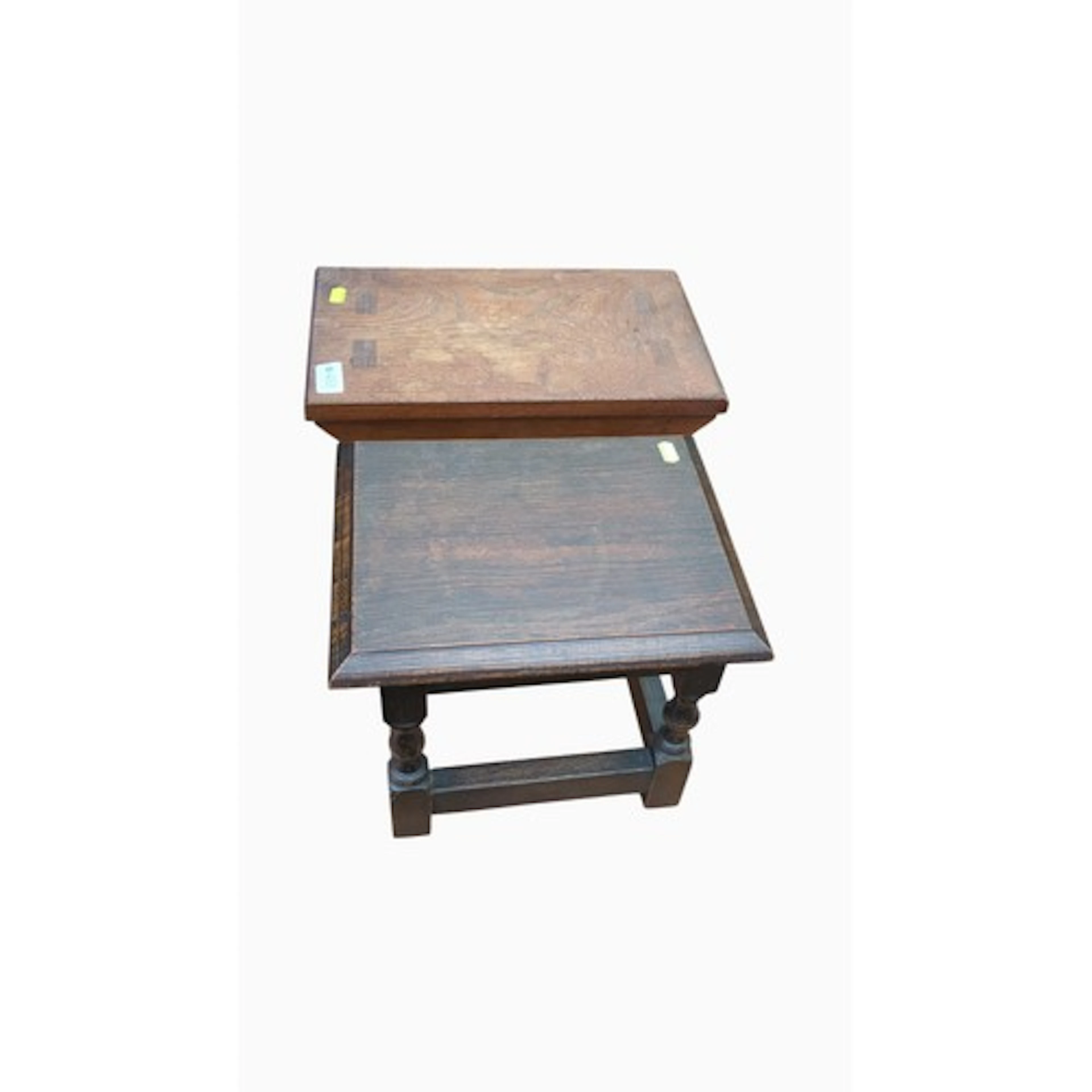 Oak low stool with a rectangular plank top, bracket-shaped e...