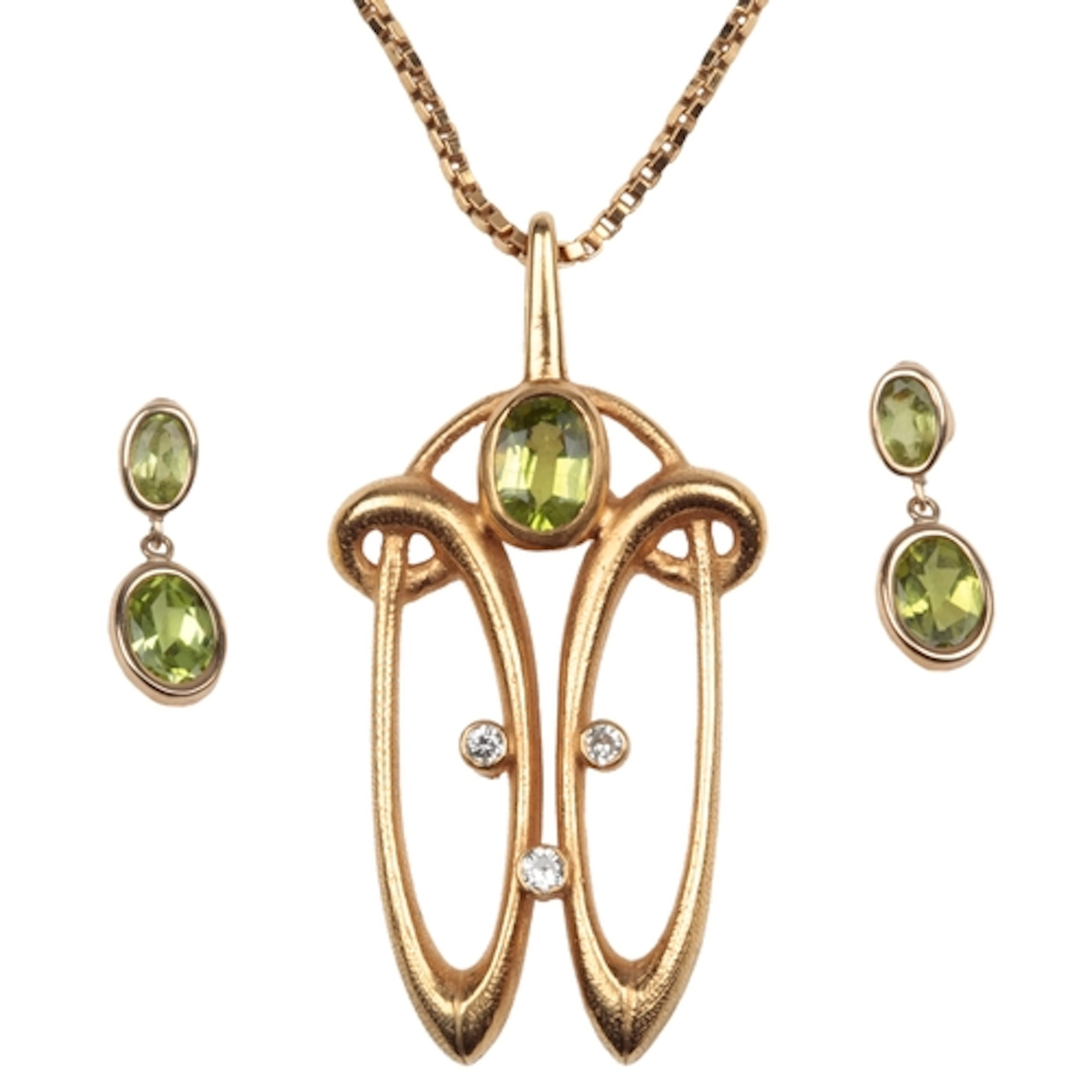 A gold and peridot necklace and earrings, circa 1983, the pe...