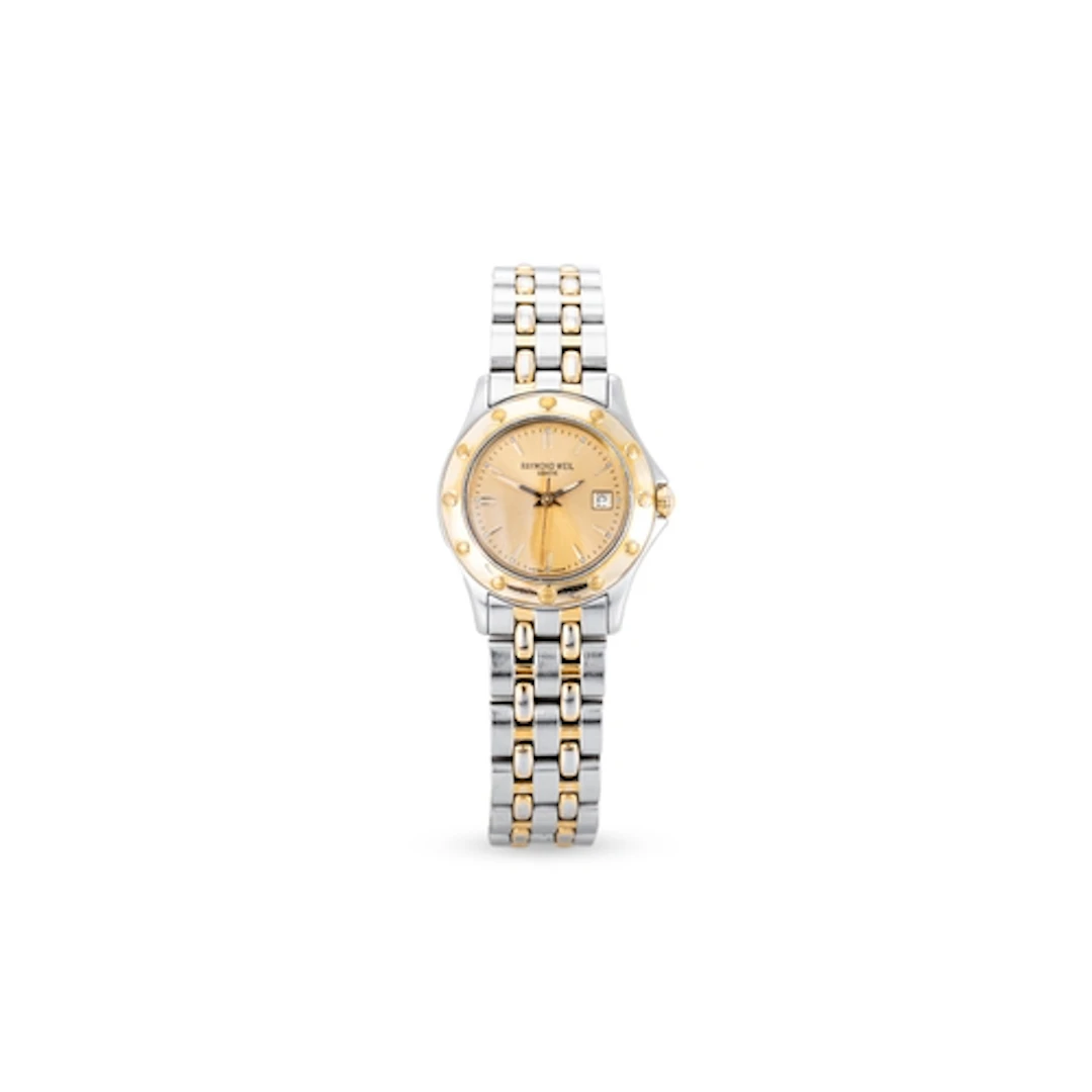 A RAYMOND WEIL 'TANGO' WRIST WATCH, with date, gold-tone sun...