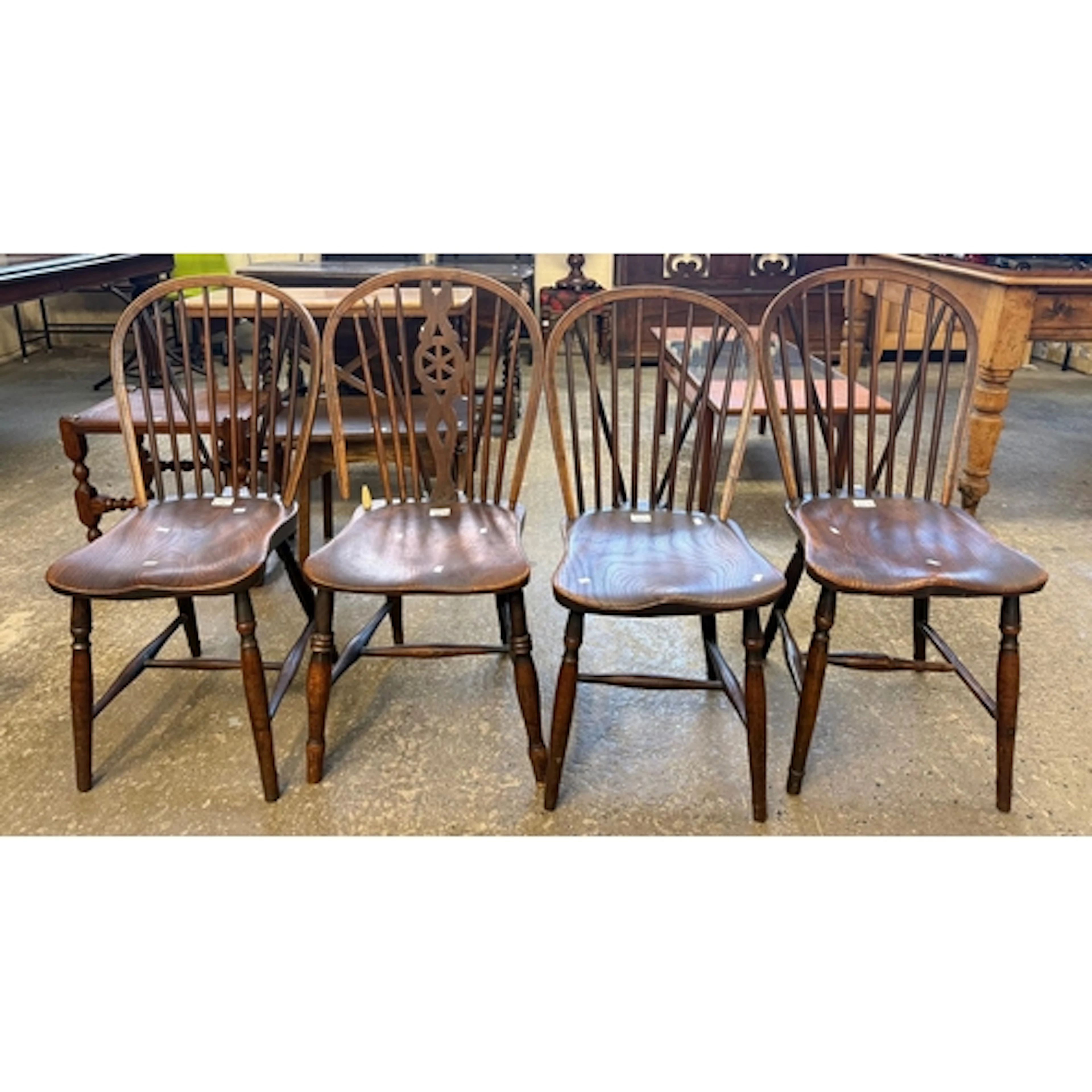 Set of three late Victorian elm spindle and hoop back farmho...