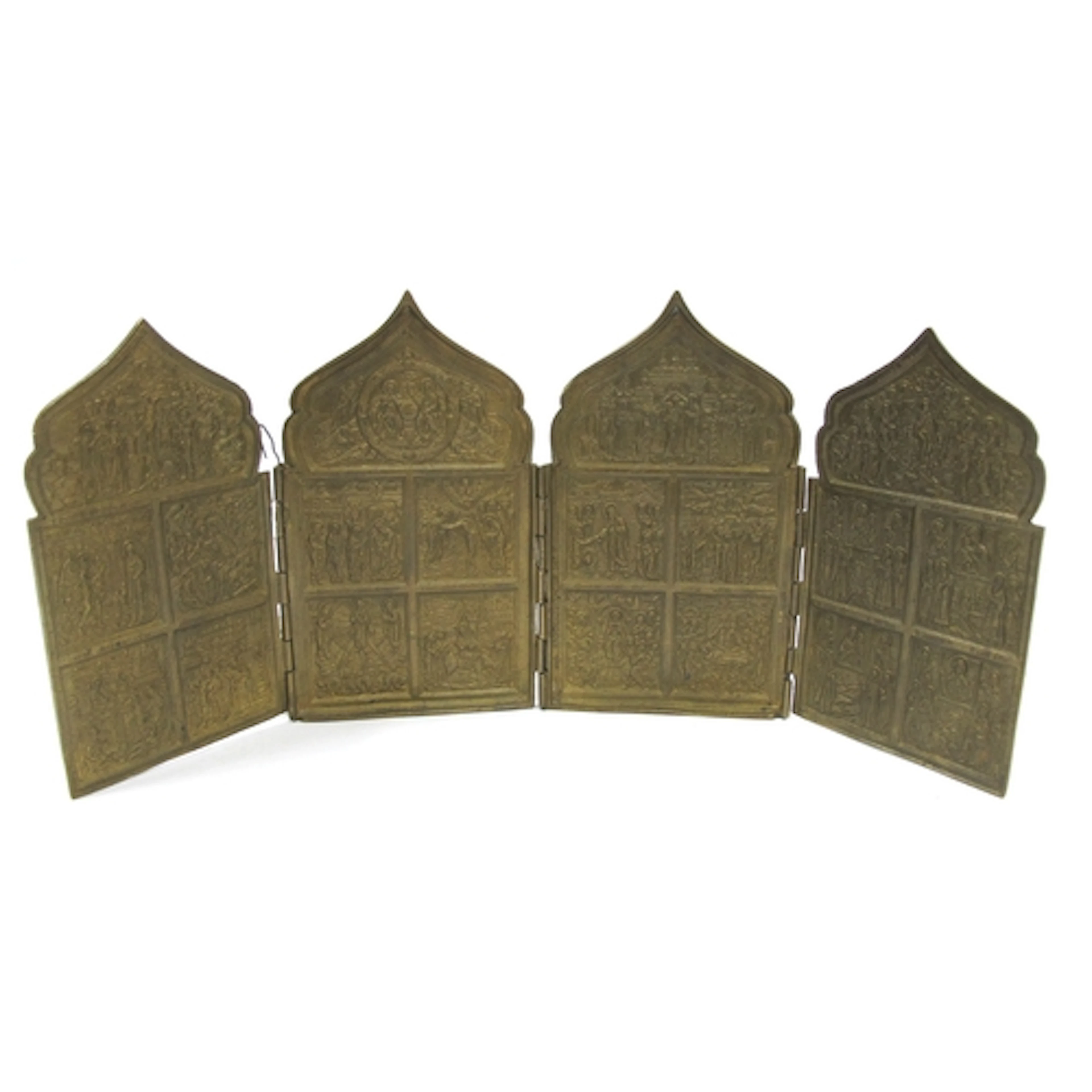 Russian Brass Tetraptych Folding Travel Icon, decorated with...