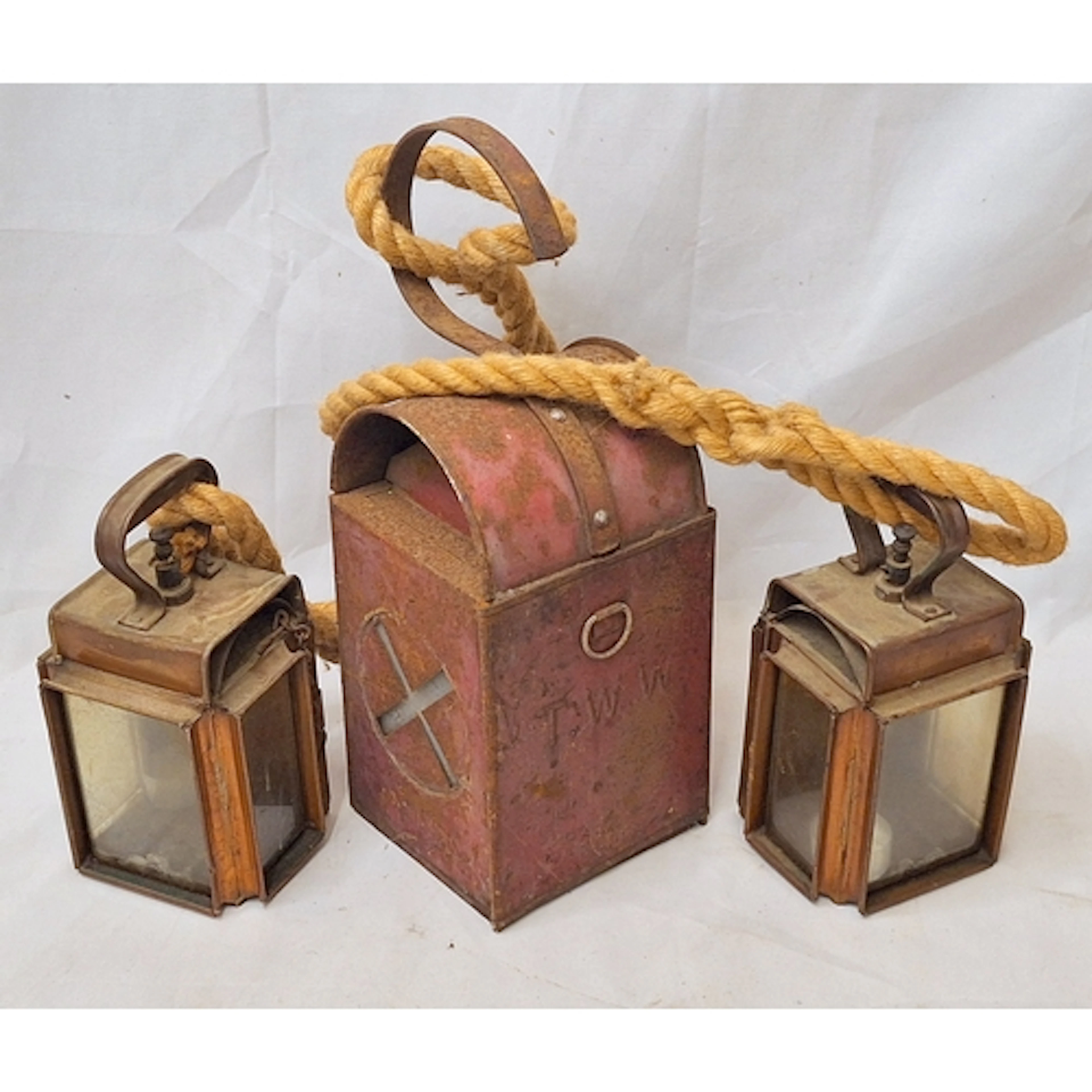 3 Lanterns, pair vintage copper toned with rope handle appro...