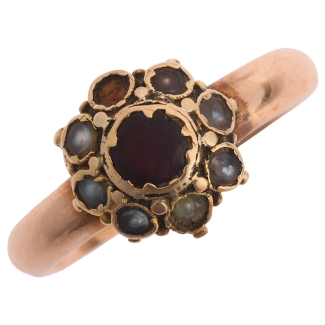 An Antique Victorian rose gold pink paste and split pearl cl...