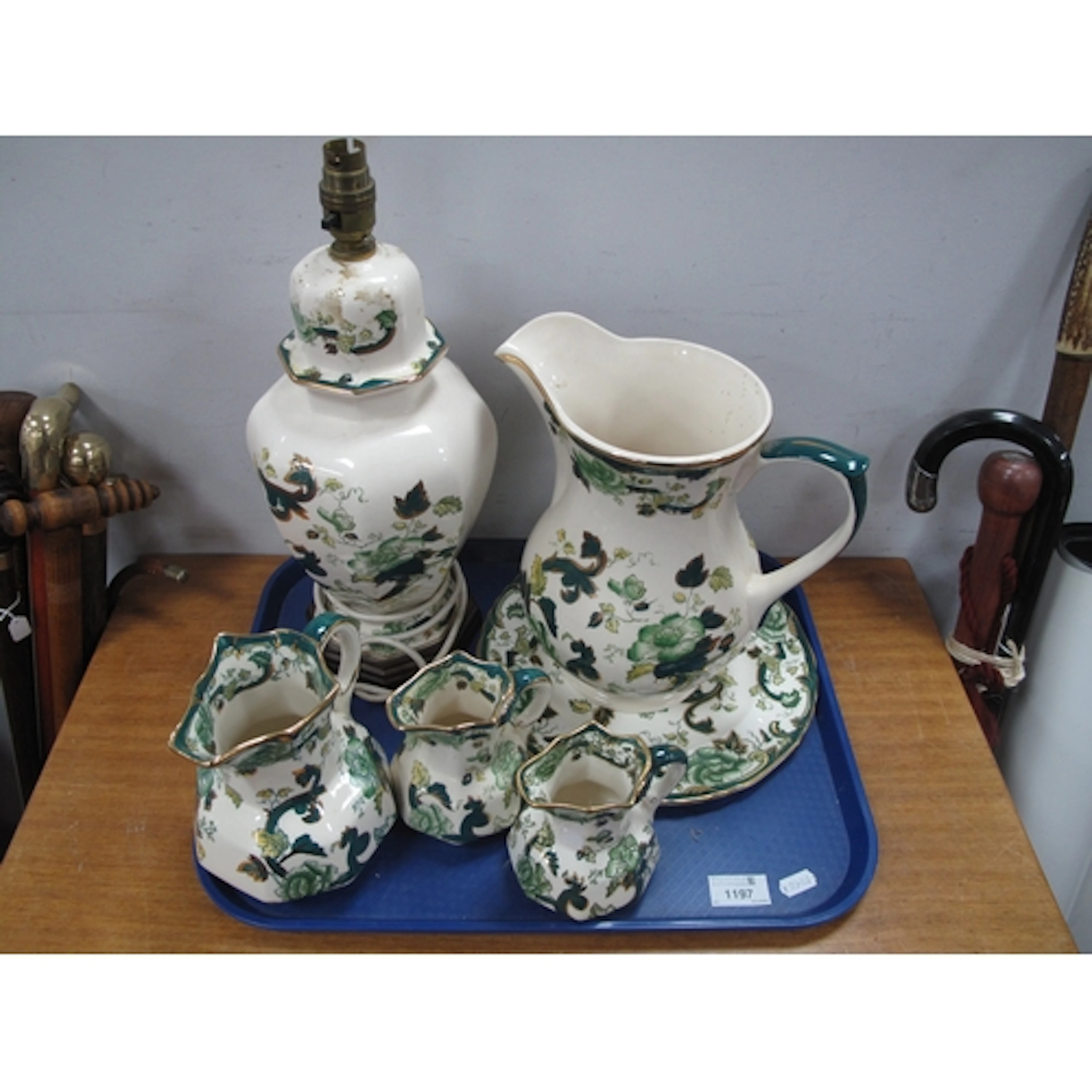 Mason's Chartreuse Table Lamp, jug, three octagonal jugs and...