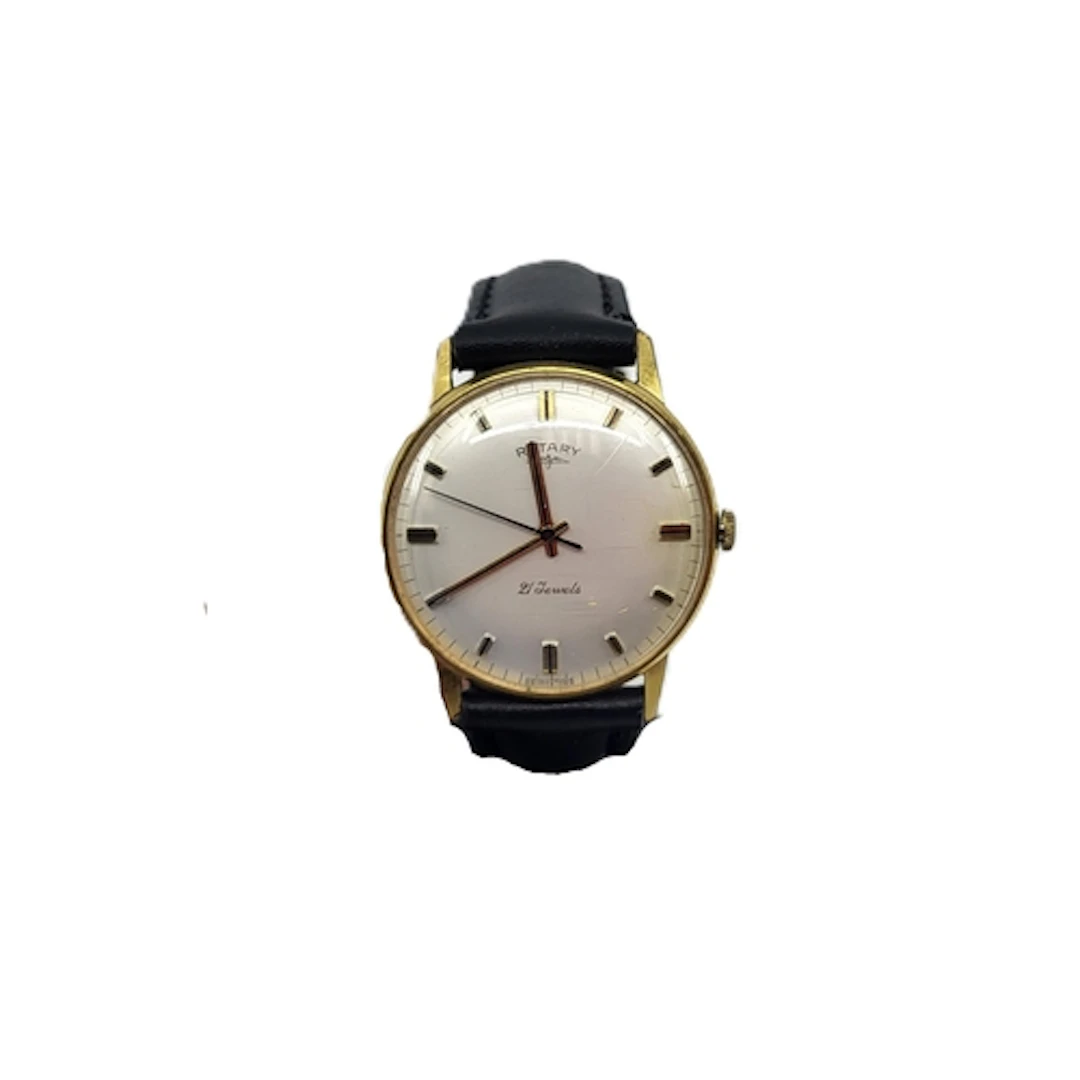 A ROTARY 21 JEWEL GOLD-PLATED WRIST WATCH, black leather str...