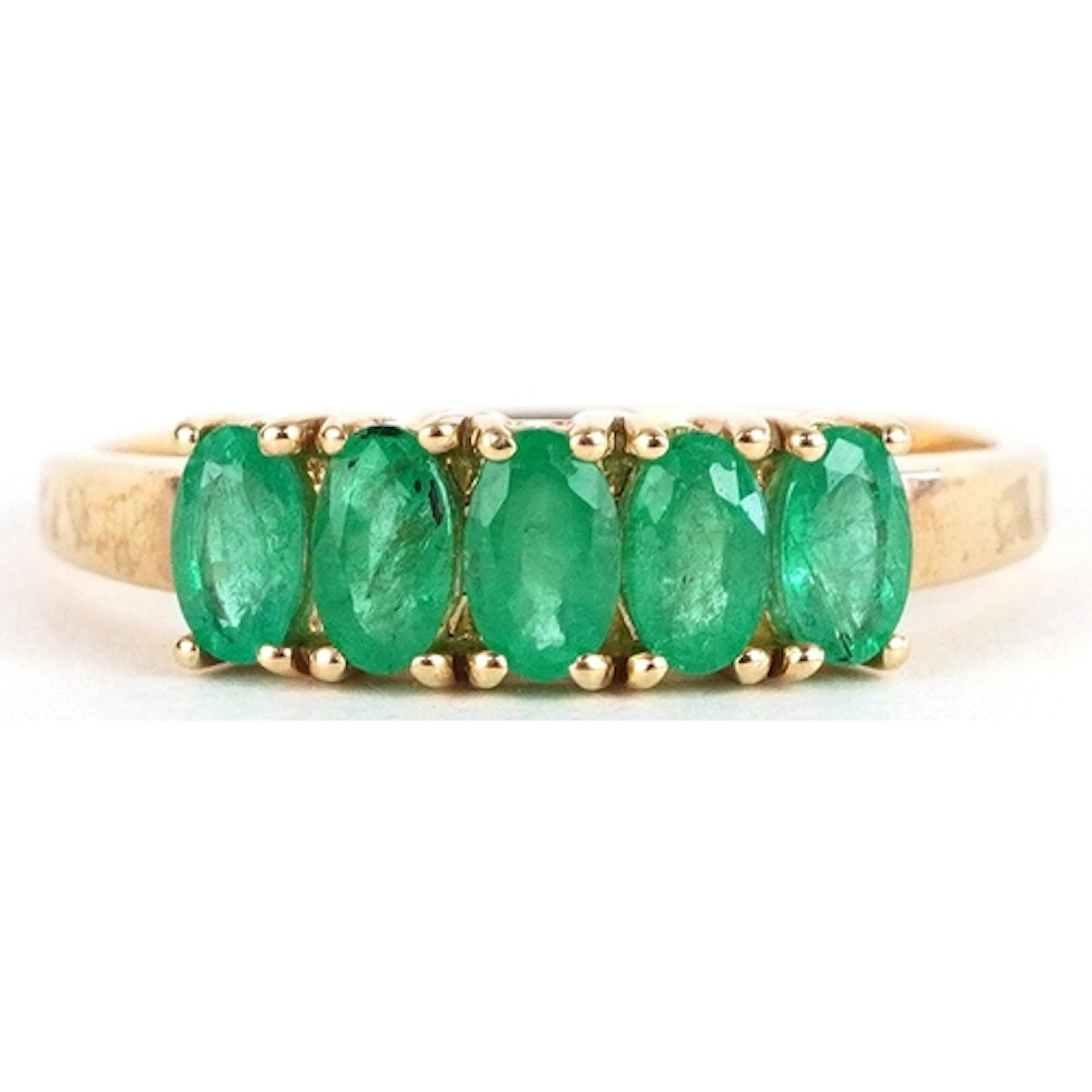 10K gold emerald five stone ring, size T, 2.8g.