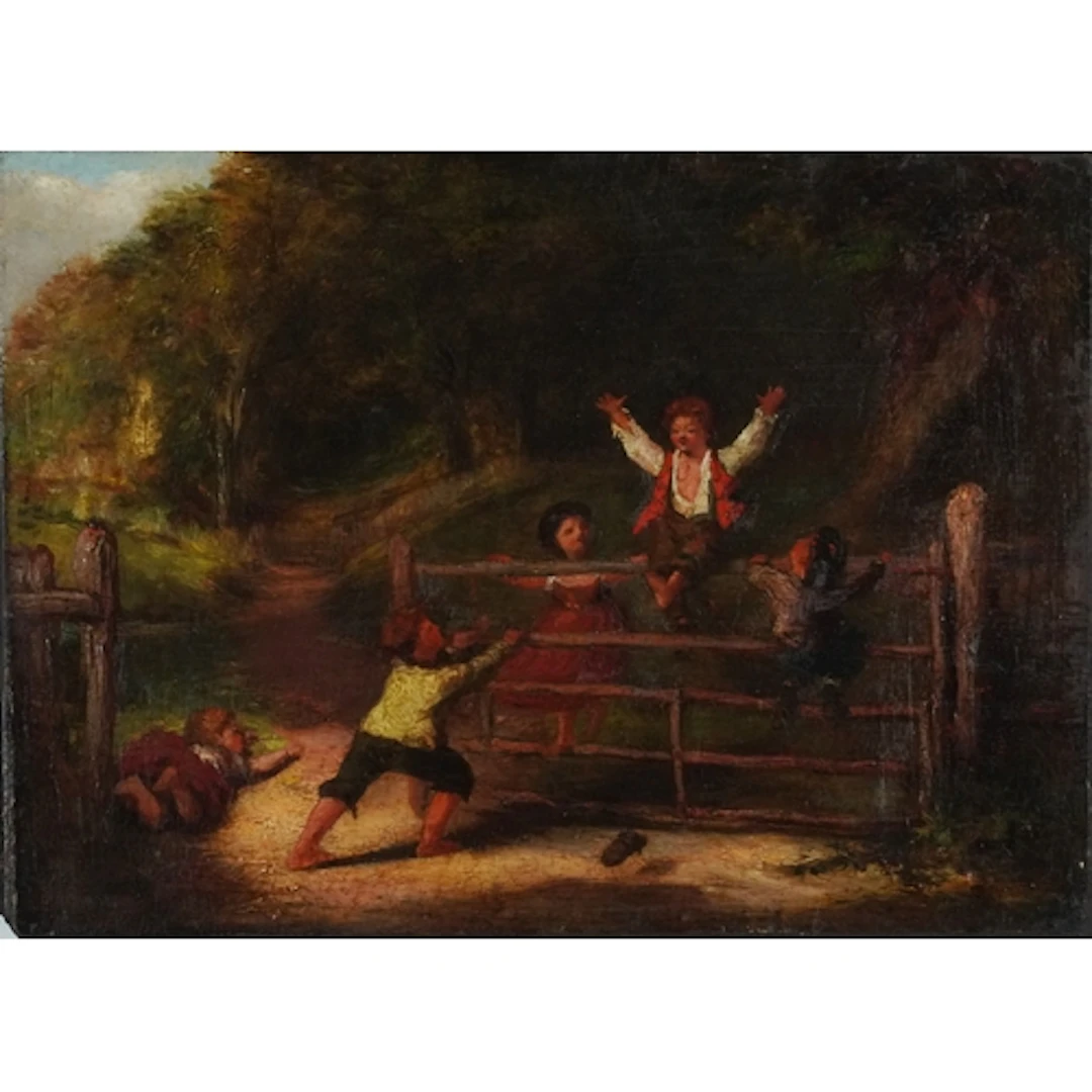 Children playing at a gate in a rural landscape, 19th centur...