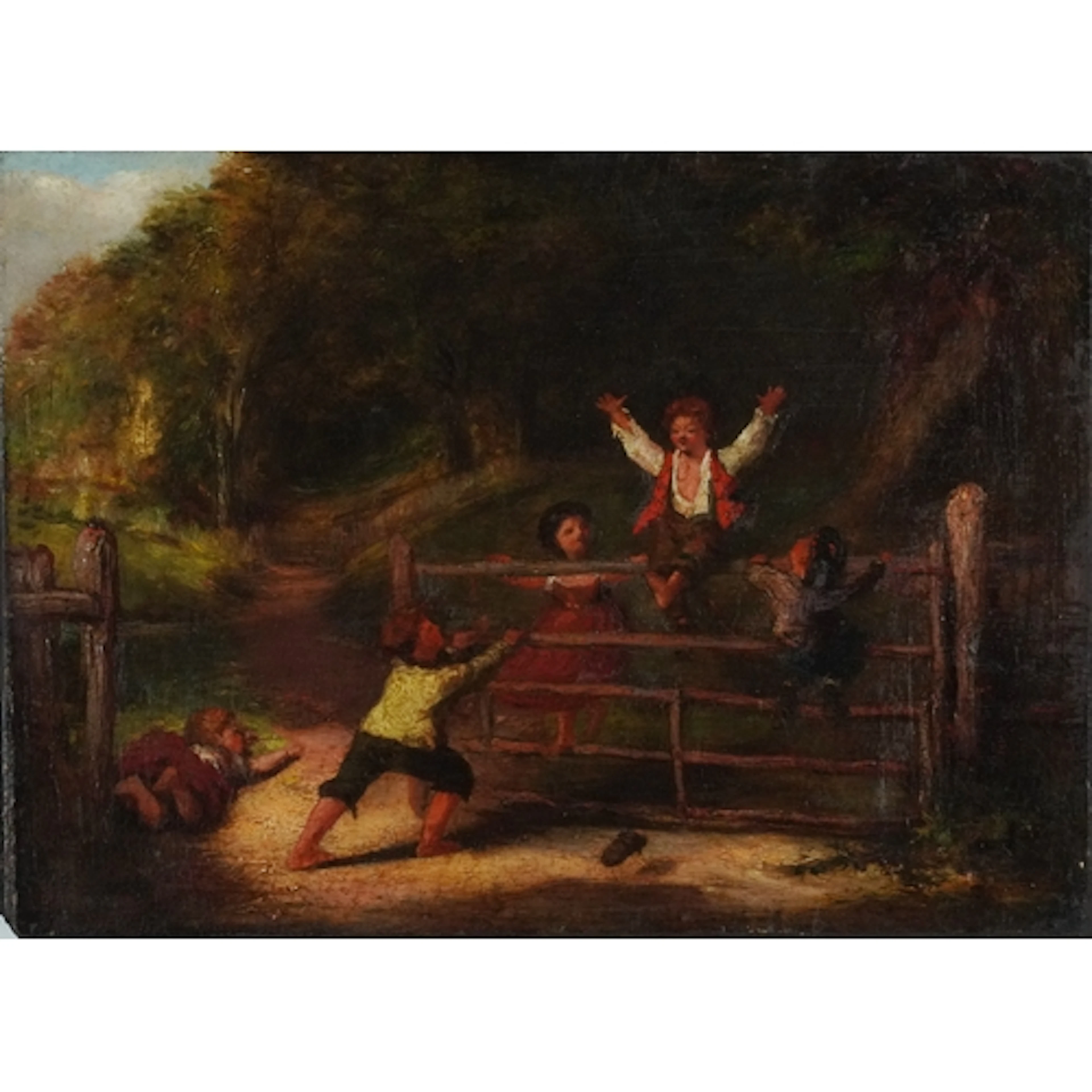 Children playing at a gate in a rural landscape, 19th centur...