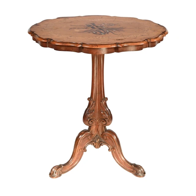 A Victorian walnut, marquetry and penwork occasional table, ...